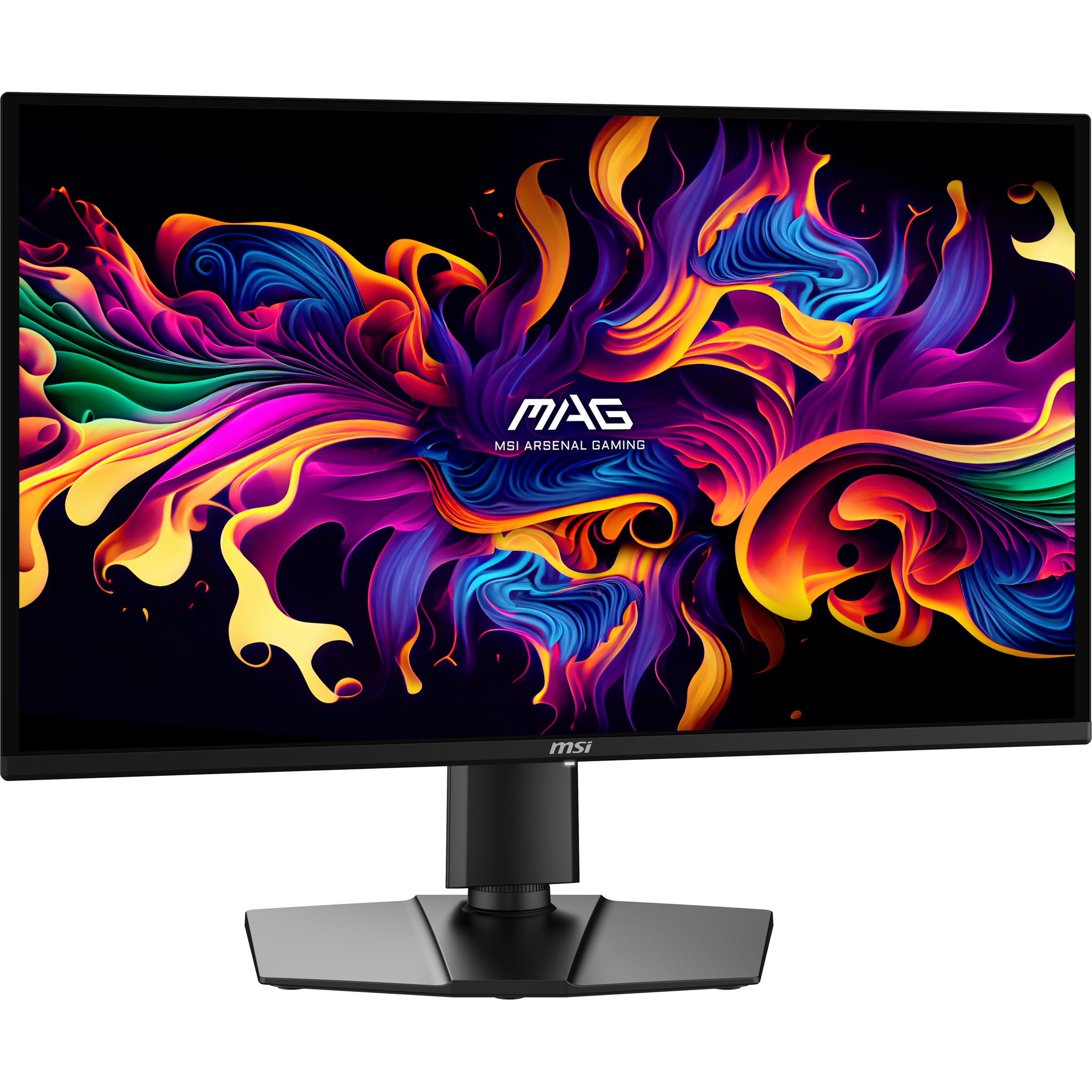 Ein schwarzer MSI Gaming-Monitor zeigt ein lebendiges, abstraktes flammenartiges Design in Neonfarben.