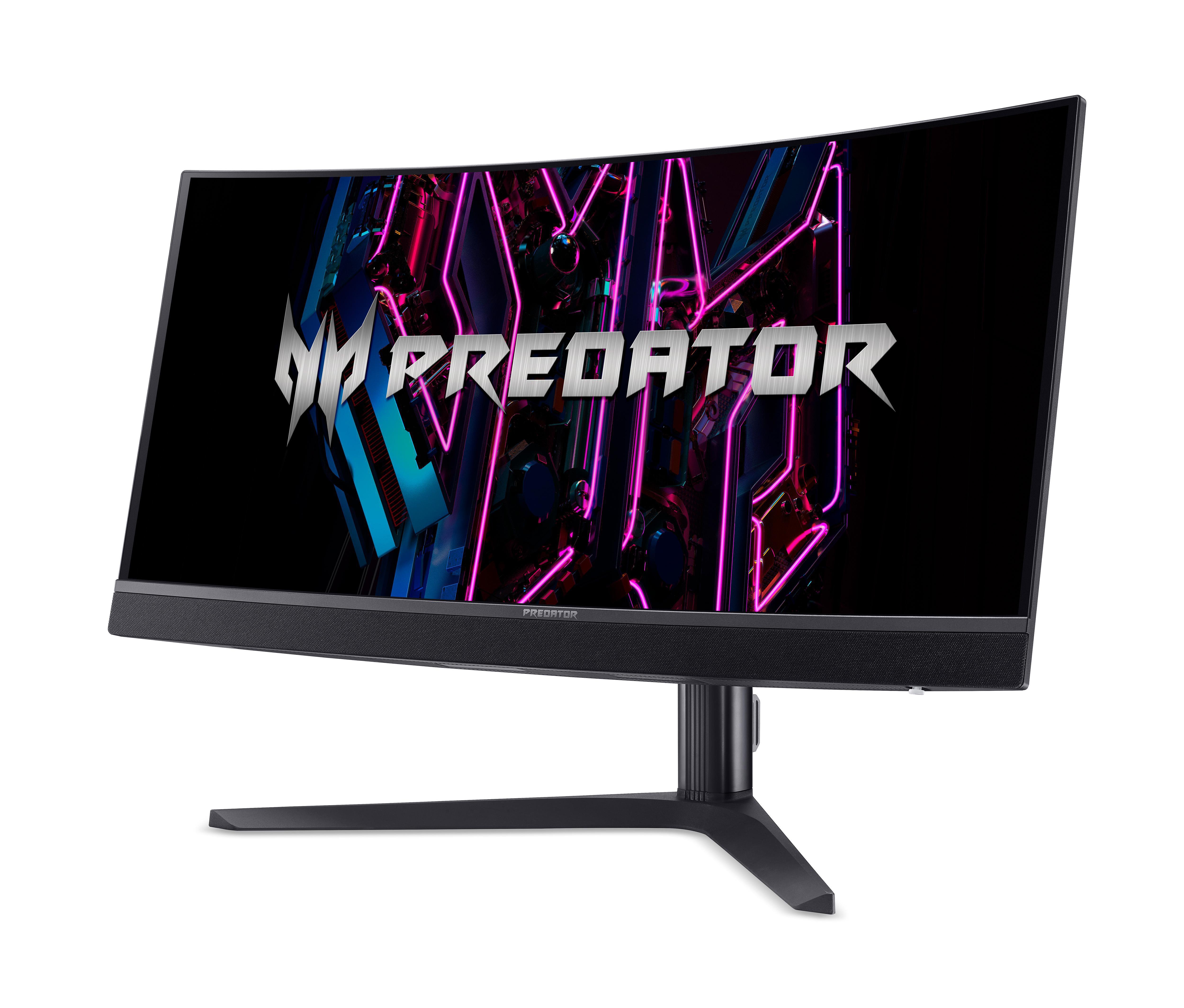 Ein gekrümmter Gaming-Monitor mit dem Predator-Logo und neonfarbener Grafik.