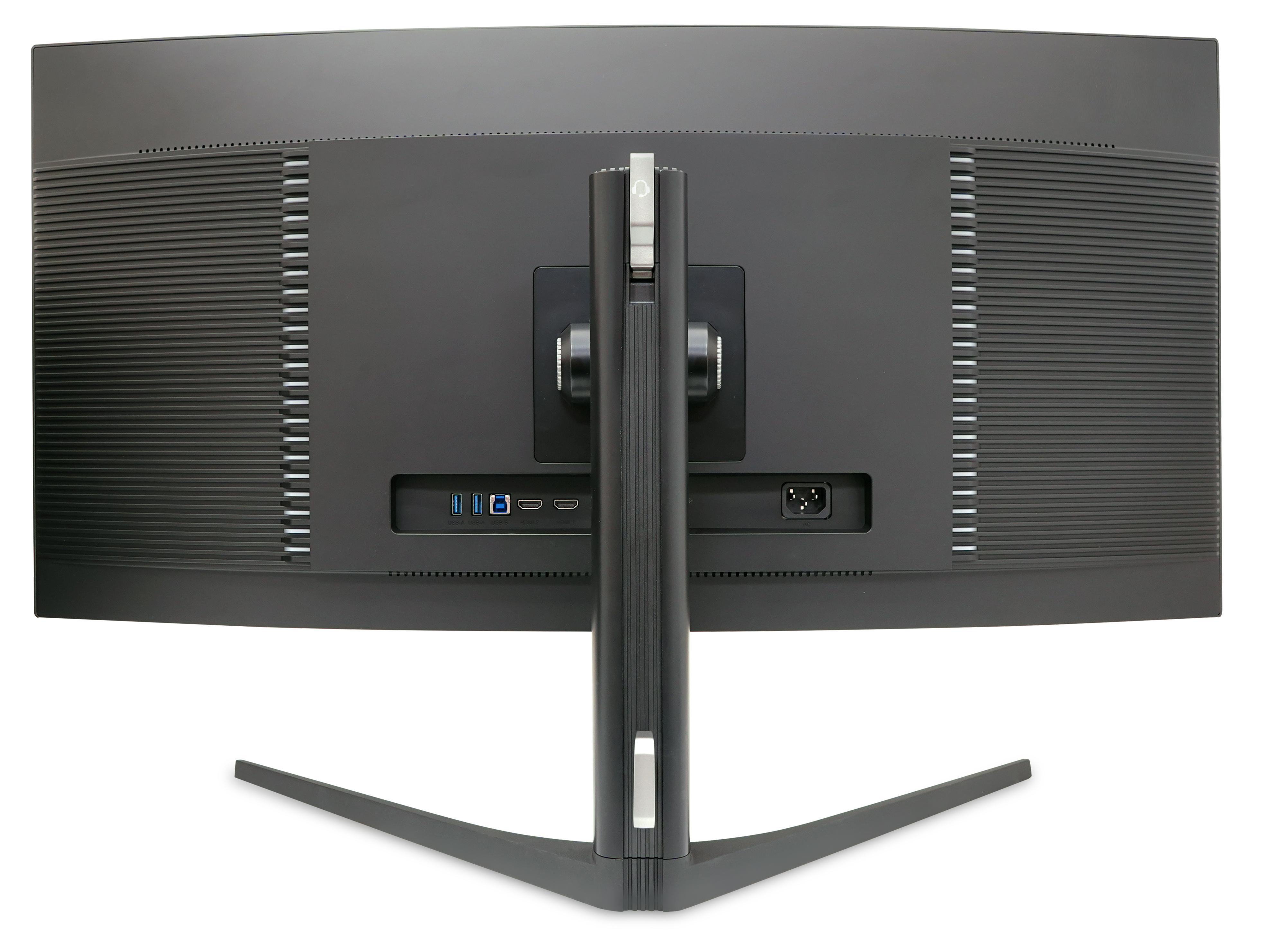 Rückseite eines schwarzen Monitors mit Standfuß, Anschlüssen und Lüftungsschlitzen.