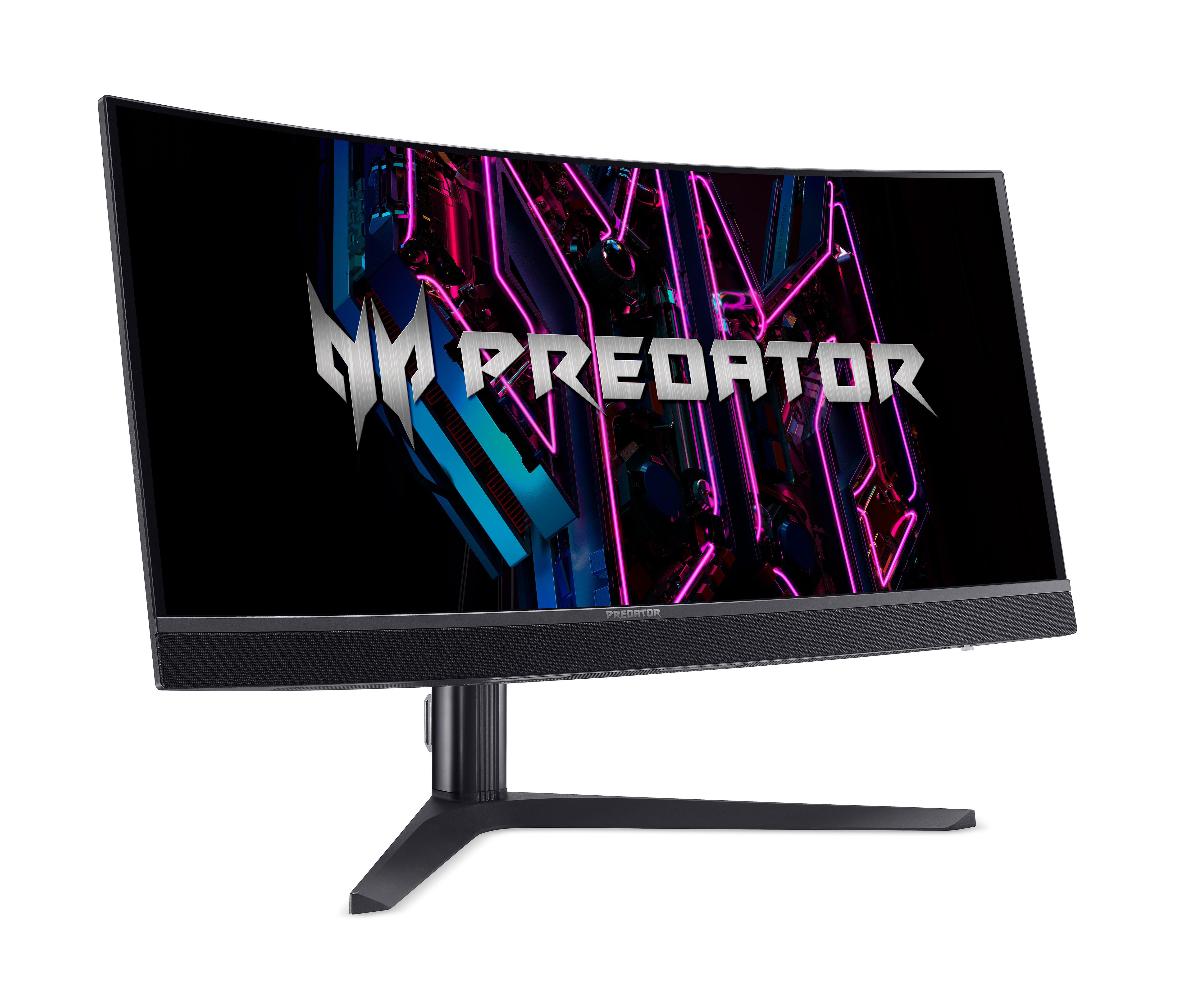 Ein gebogener Gaming-Monitor mit dem PREDATOR-Logo und neonfarbenen Linien.
