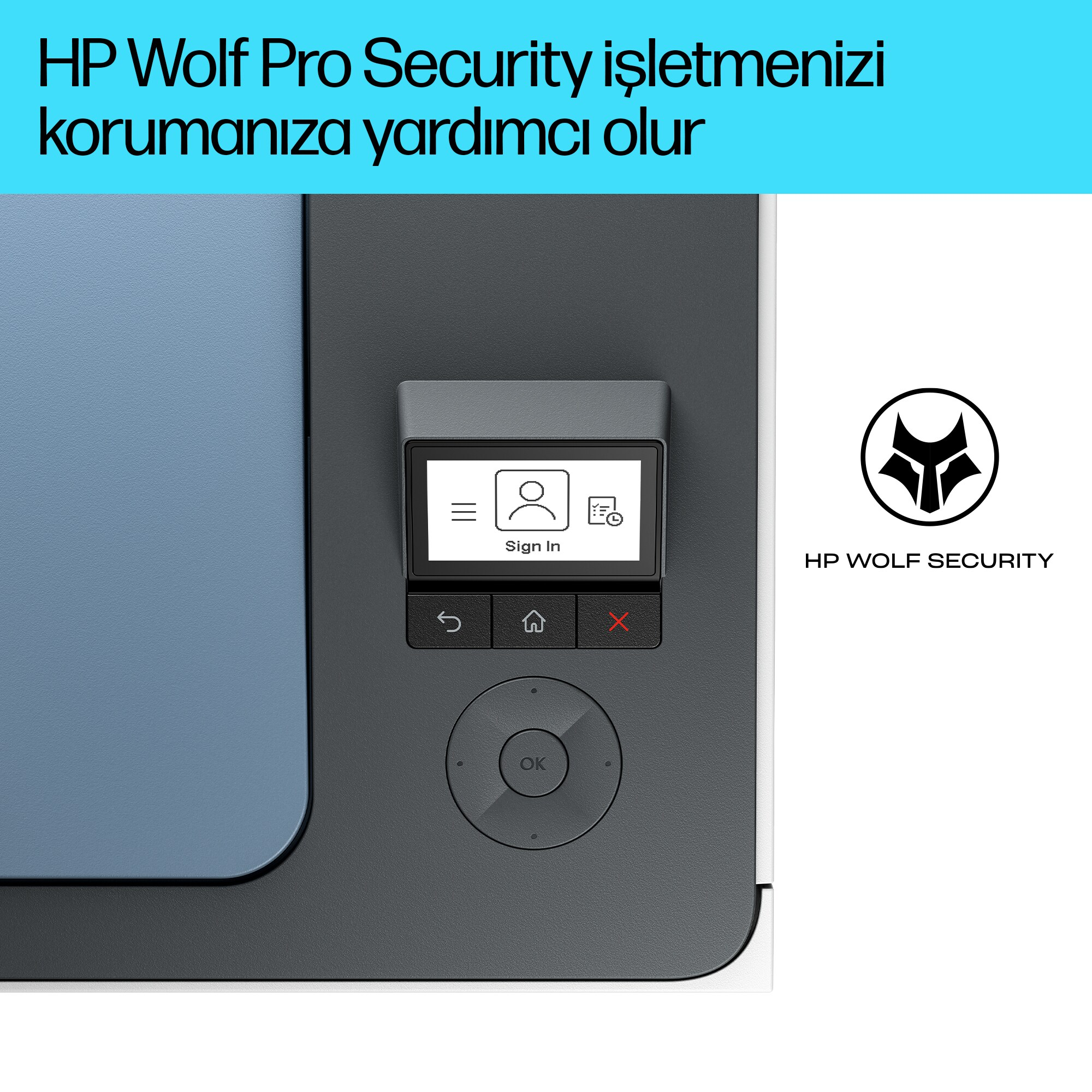HP Wolf Security logosu ve oturum açma seçeneği olan yazıcı ekranı.