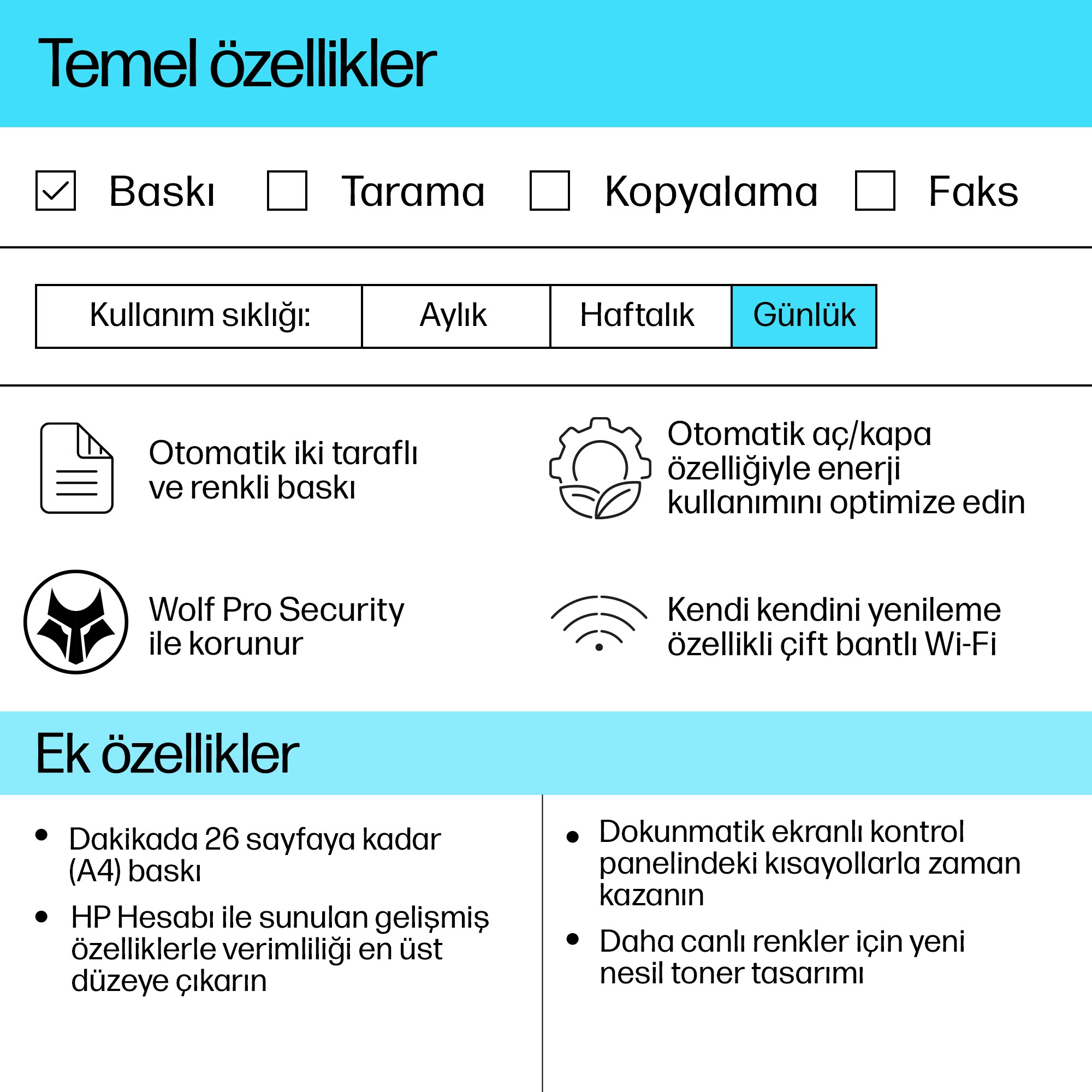 Özellikler: Çift taraflı baskı, enerji optimizasyonu, Wolf Pro Security, Wi-Fi.