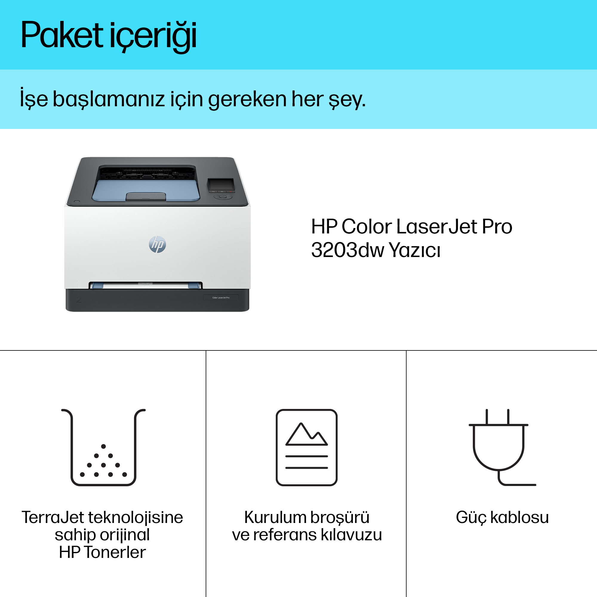 HP Color LaserJet Pro 3203dw yazıcı ve aksesuarları: toner, kılavuz, kablo.