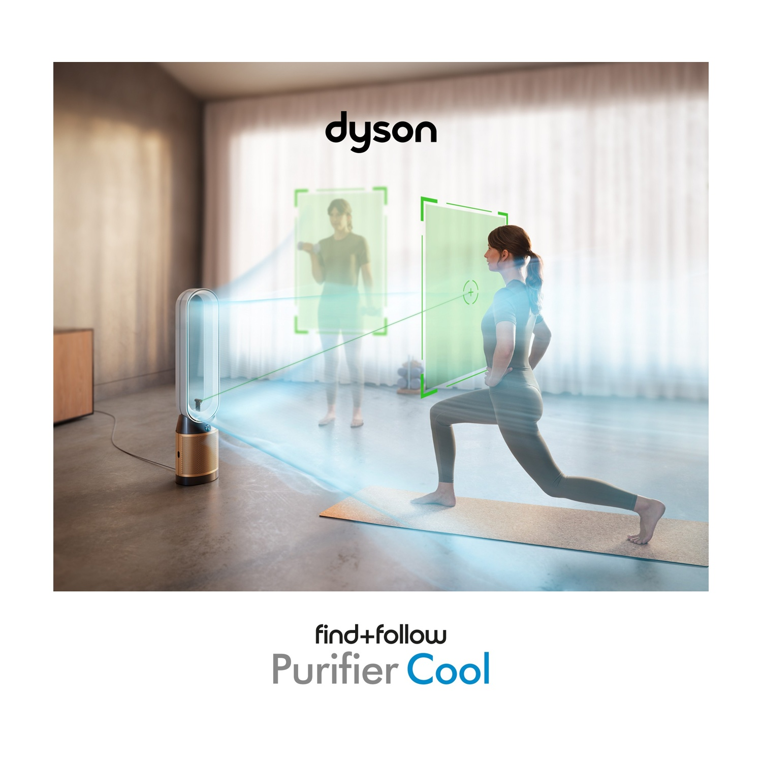 Un purificatore Dyson segue una donna che fa affondi su un tappetino. Flusso d'aria visibile.