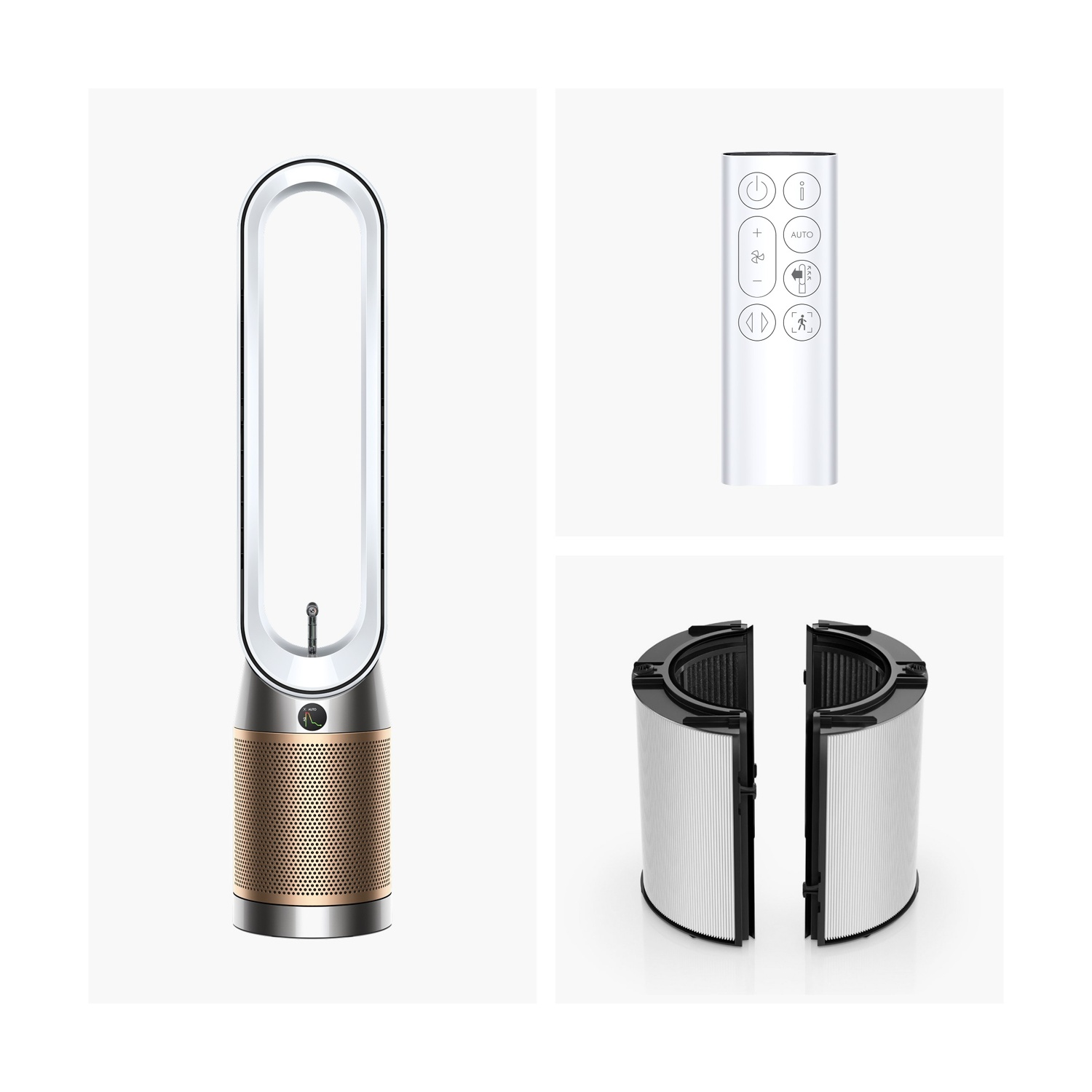 Purificatore Dyson, telecomando e due filtri su sfondo bianco.