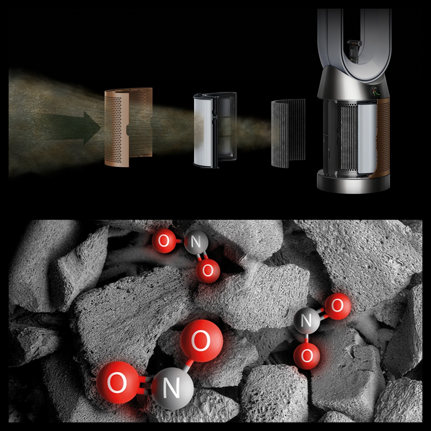 Filtri purificatore d'aria mostrati. Molecole su carbonio.