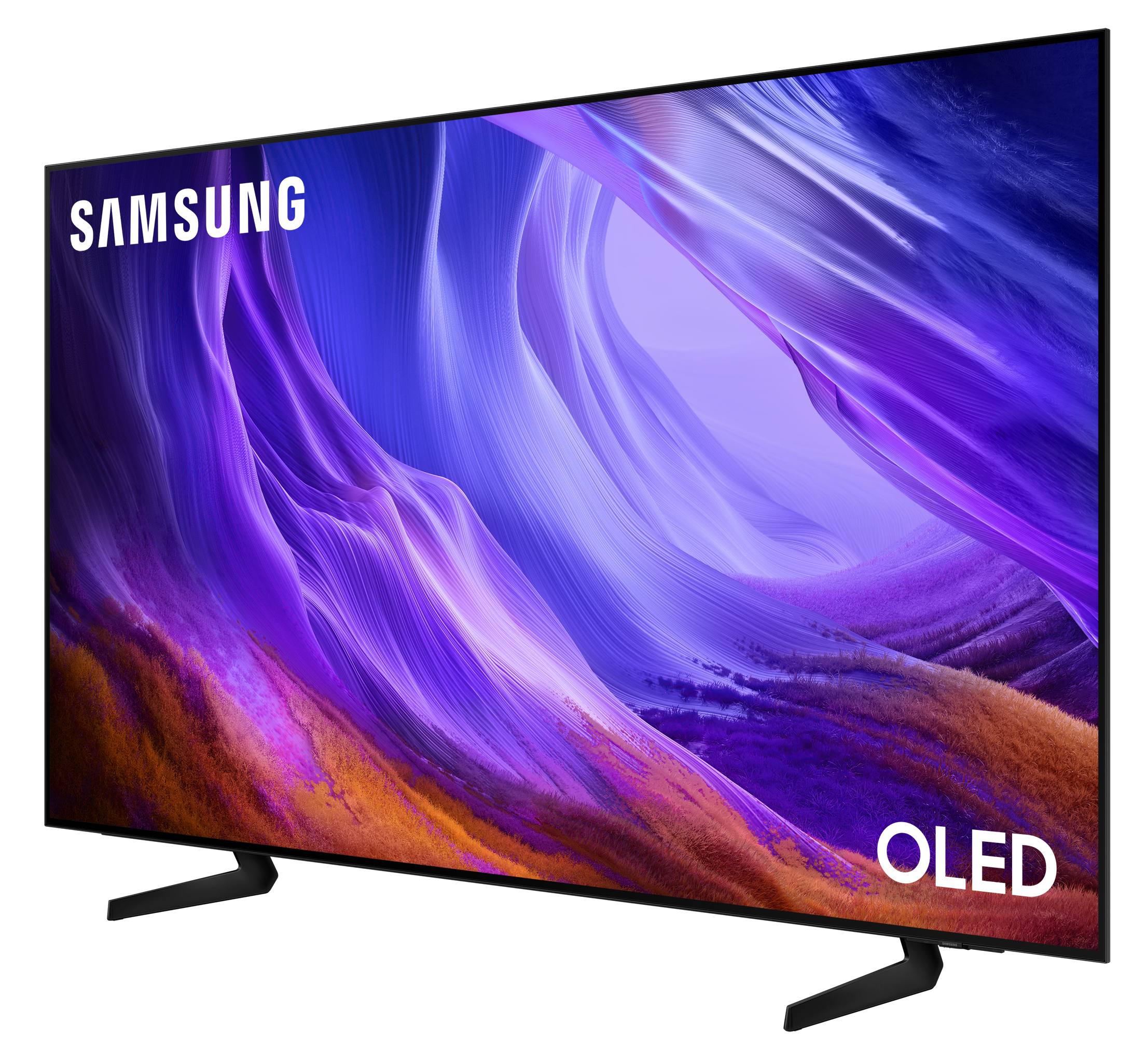 Telewizor Samsung OLED wyświetlający abstrakcyjne, fioletowo-pomarańczowe tło.