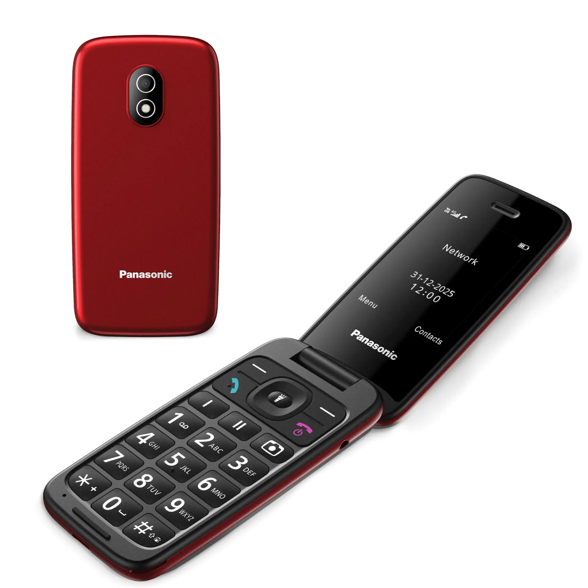 Czerwony telefon klapkowy Panasonic, otwarty z klawiaturą i ekranem.