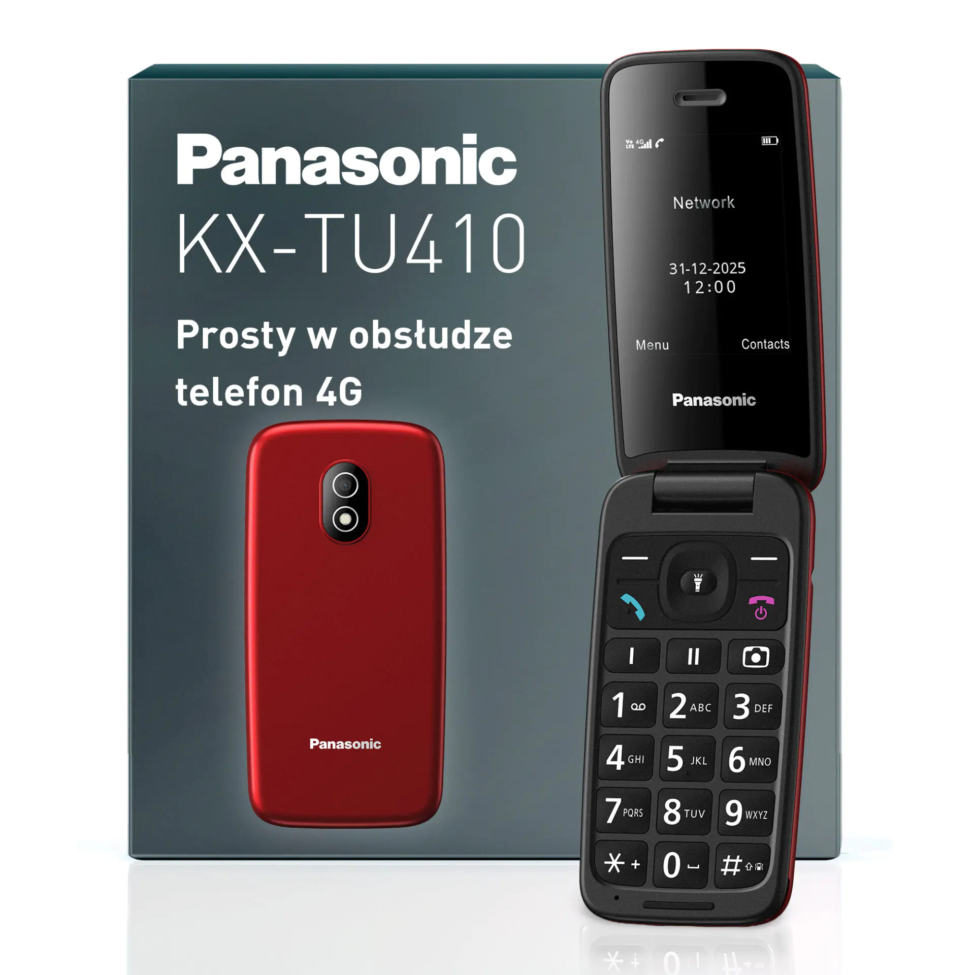 Czerwony telefon klapkowy Panasonic KX-TU410 z klawiaturą i ekranem.
