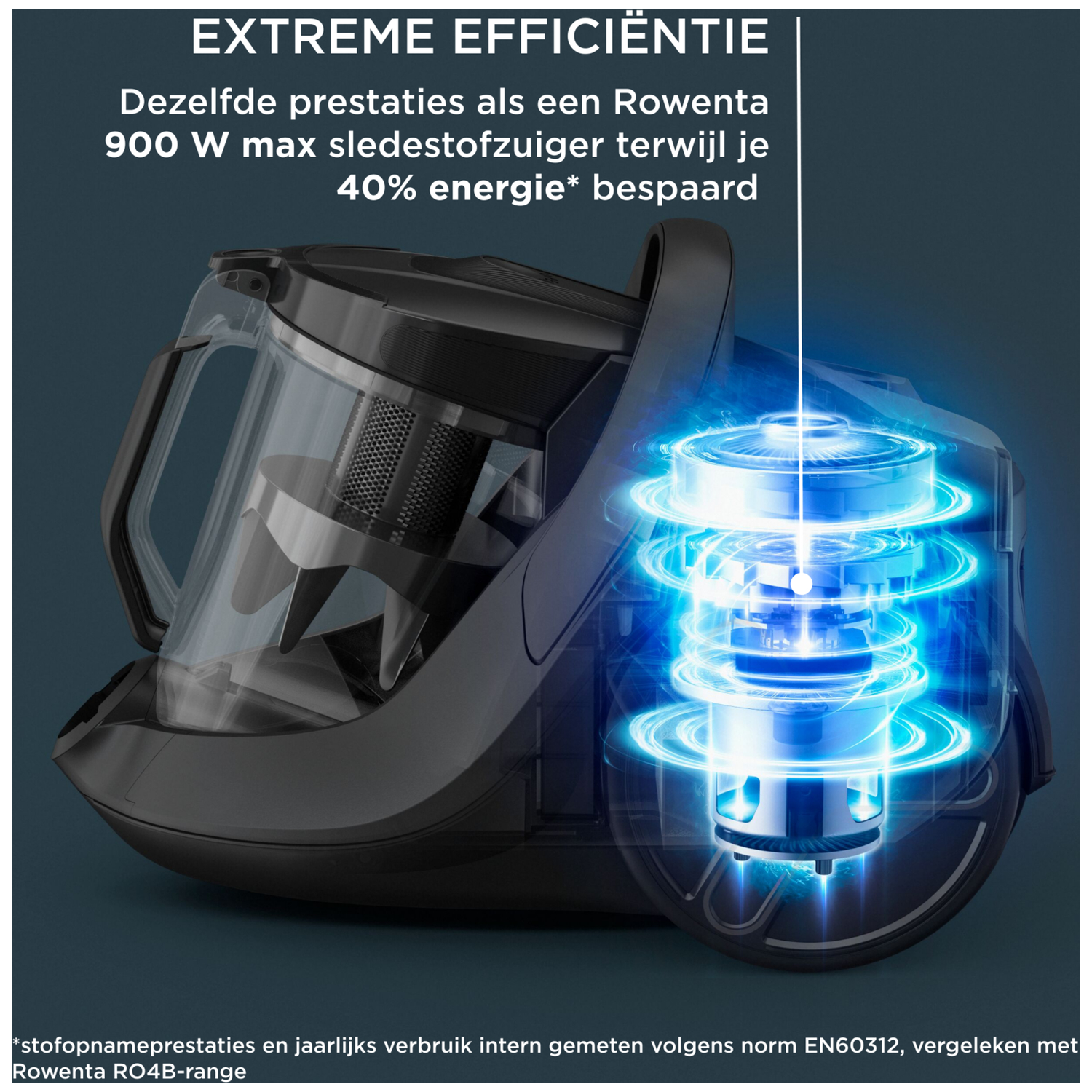 Zwarte stofzuiger met blauwe energie-efficiëntie cirkels. Extreme efficiëntie.