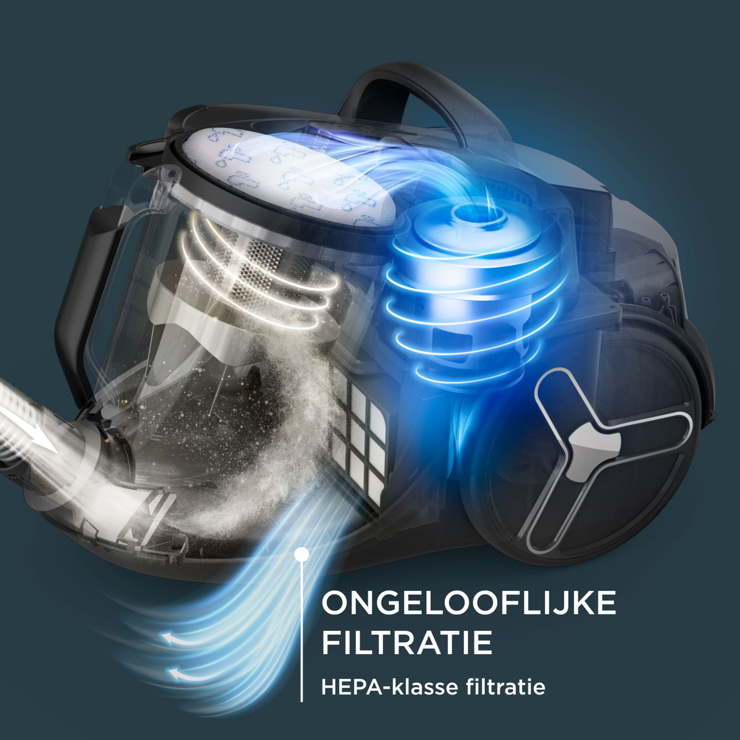 Een stofzuiger met een transparant zicht toont luchtfiltratie en stofdeeltjes.
