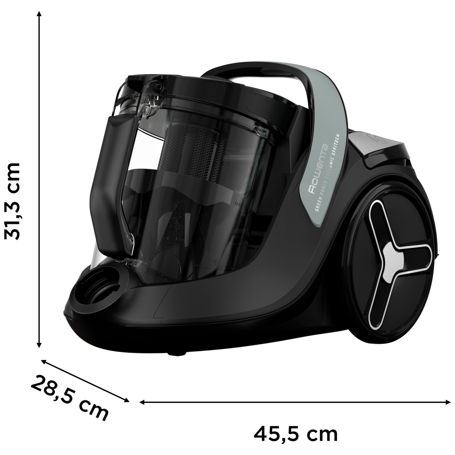 Zwarte Rowenta stofzuiger, 45,5cm lang, 31,3cm hoog, 28,5cm breed.