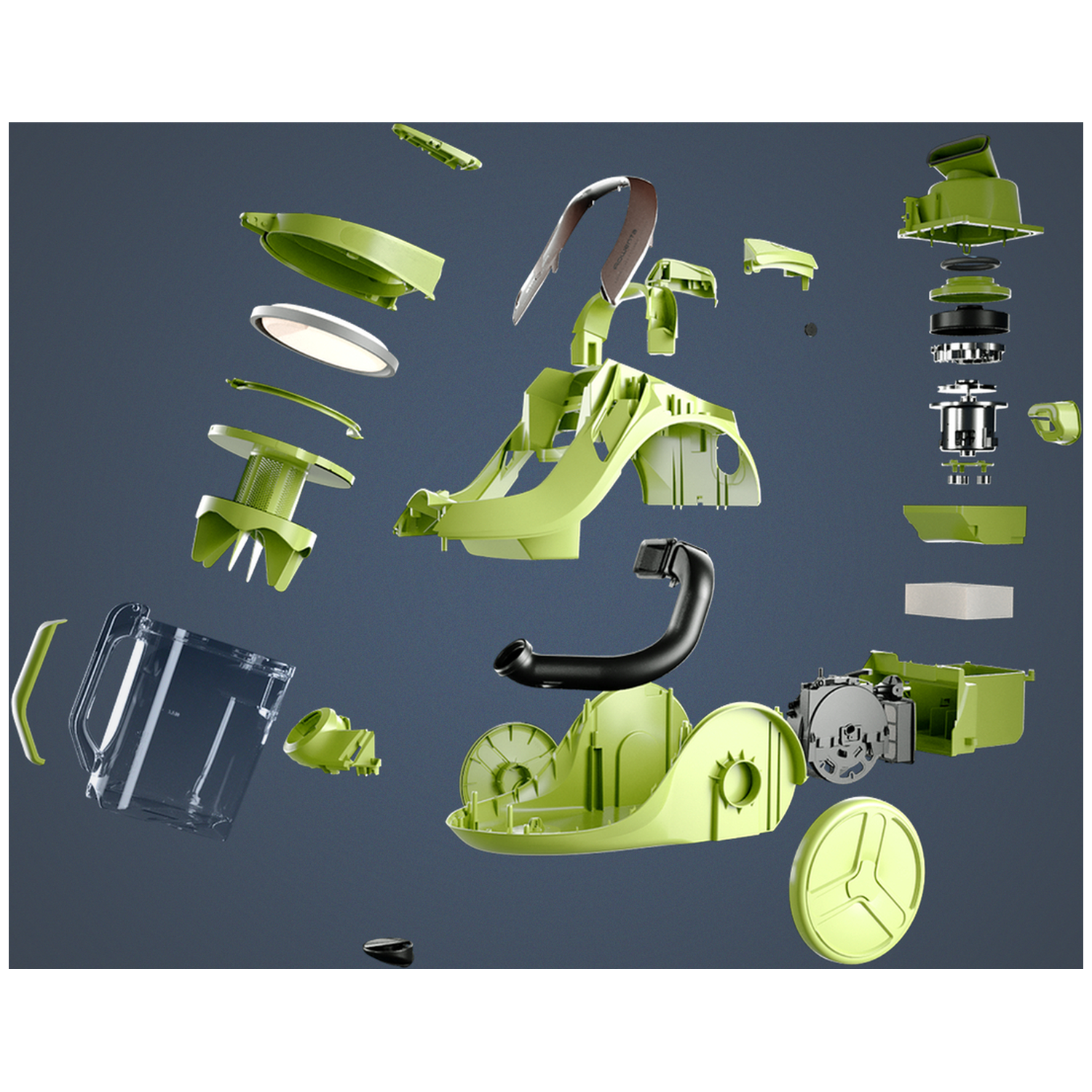 Exploded view van een groene stofzuiger, met alle onderdelen op een donkere achtergrond.