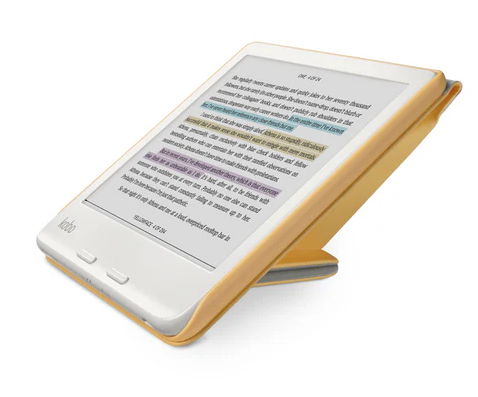 Żółty czytnik e-booków w etui, wyświetlający podświetlony tekst na ekranie.