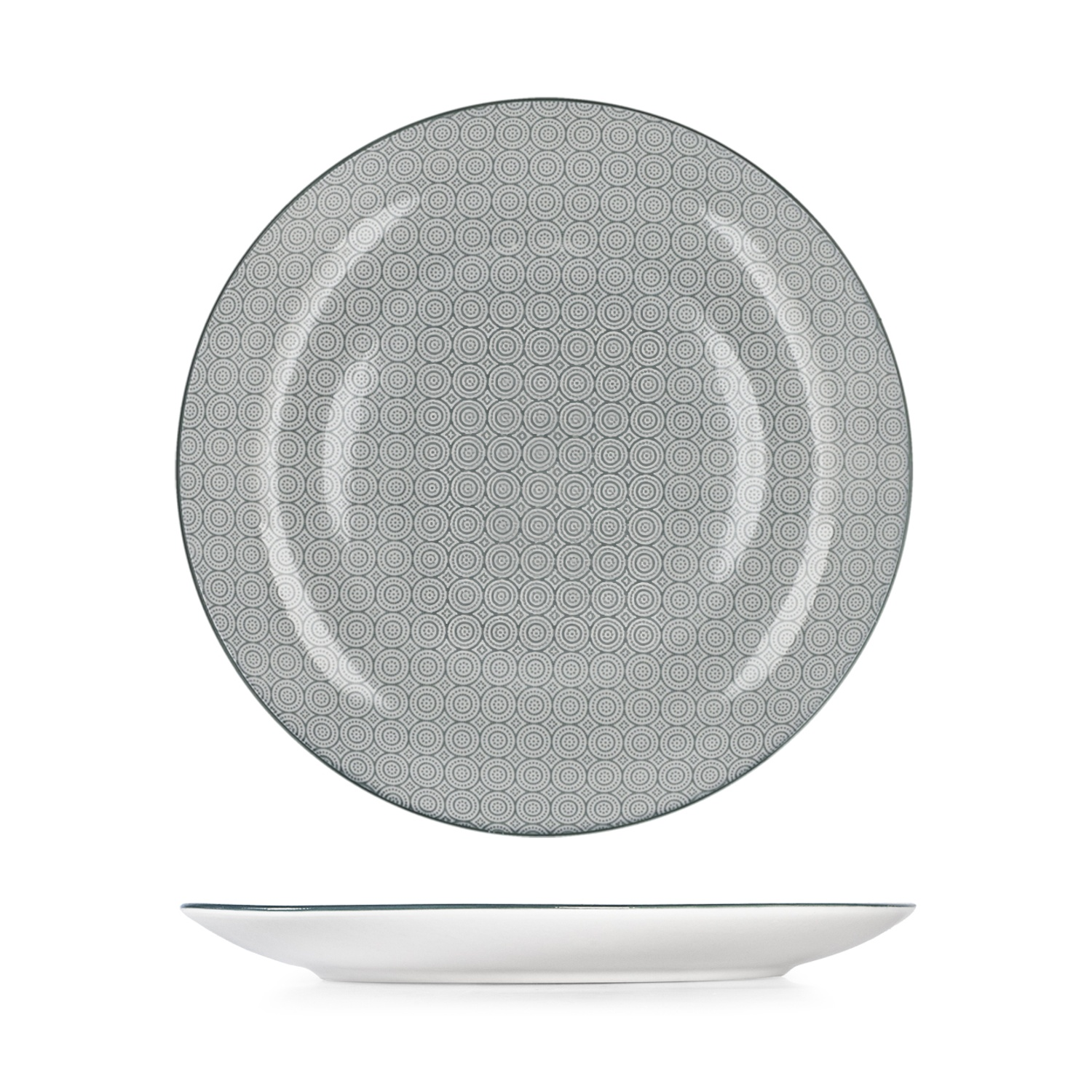 Un piatto bianco con motivo geometrico grigio e bordo scuro.
