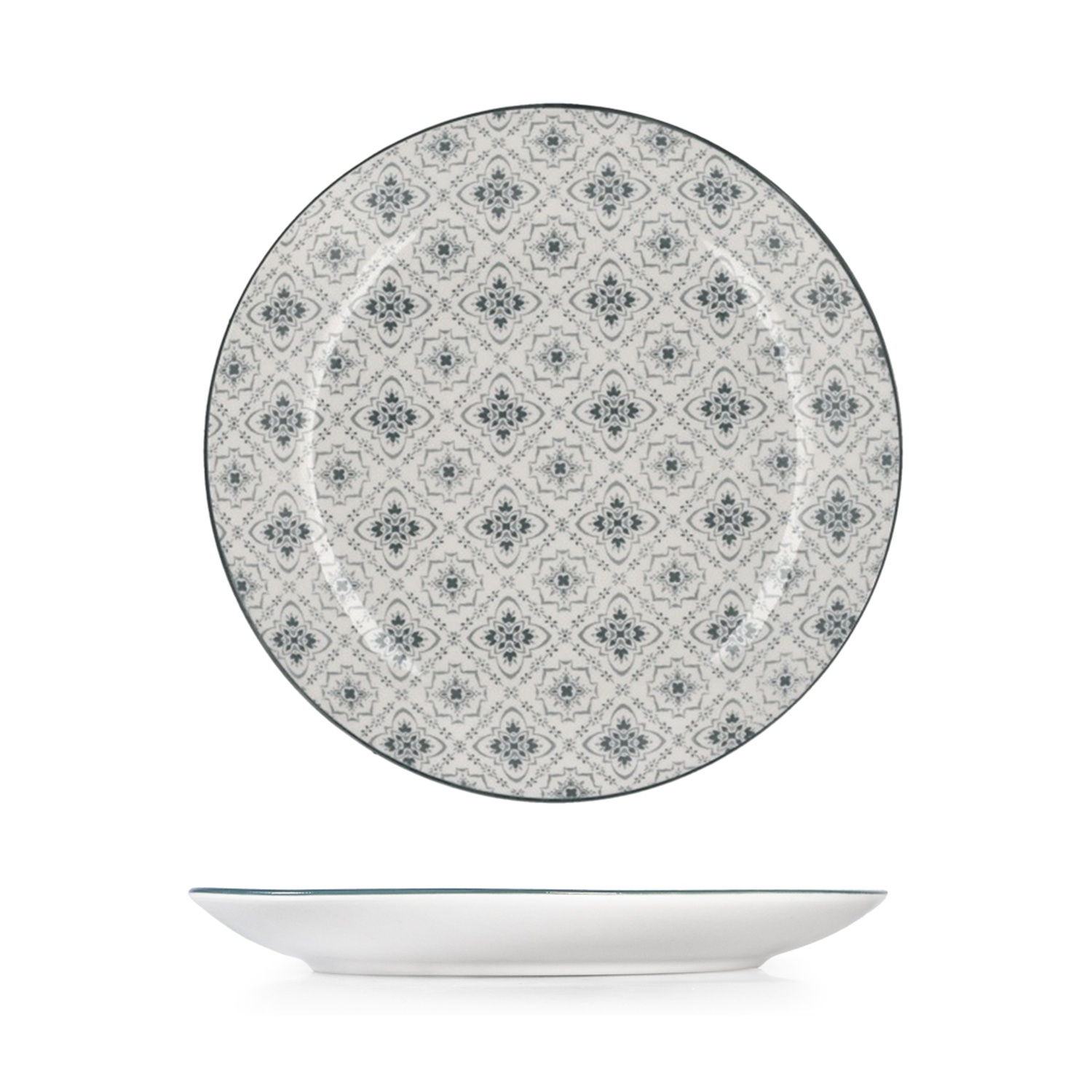 Un piatto bianco con motivo grigio e bordo scuro.