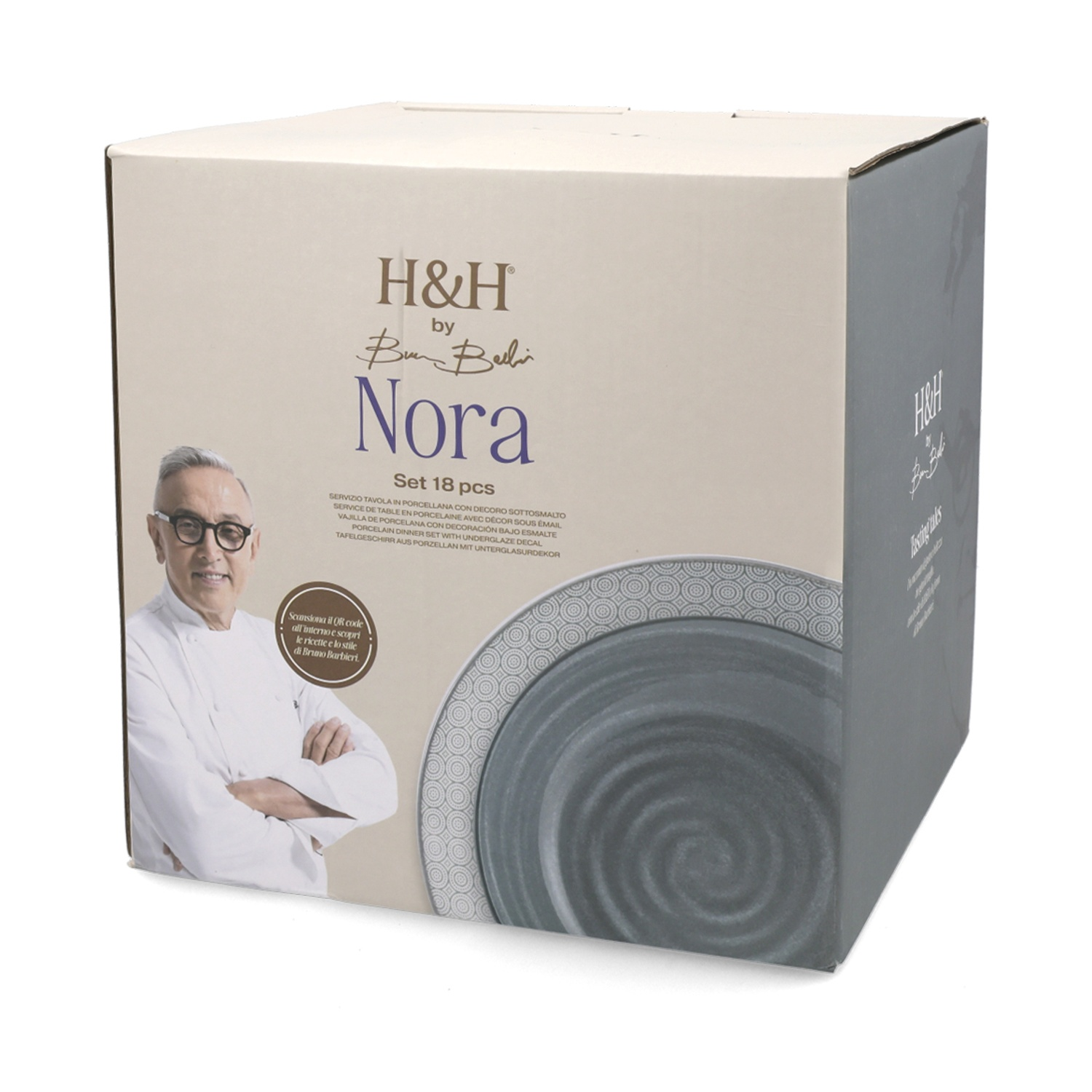 Scatola di un servizio da tavola H&H Nora da 18 pezzi con illustrazione chef.