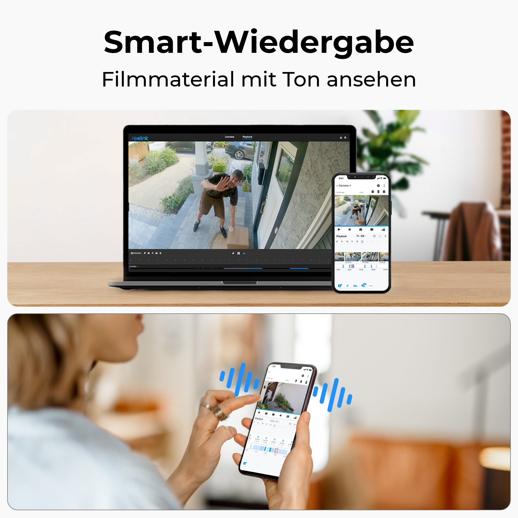 Laptop und Handy zeigen Überwachungskamera-Aufnahmen eines Mannes mit Paket.