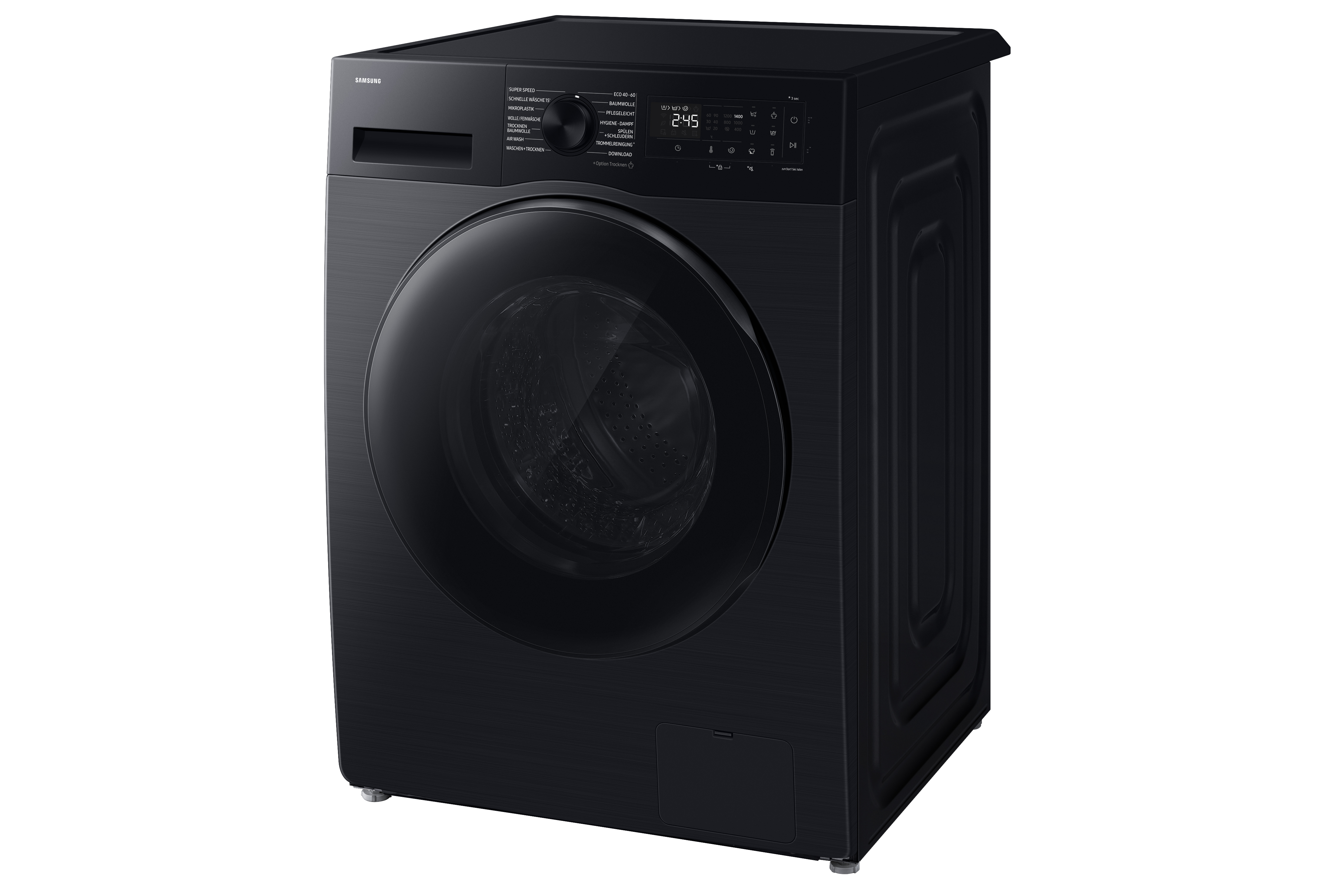 Schwarze Samsung Waschmaschine mit Glasfront und Bedienfeld.