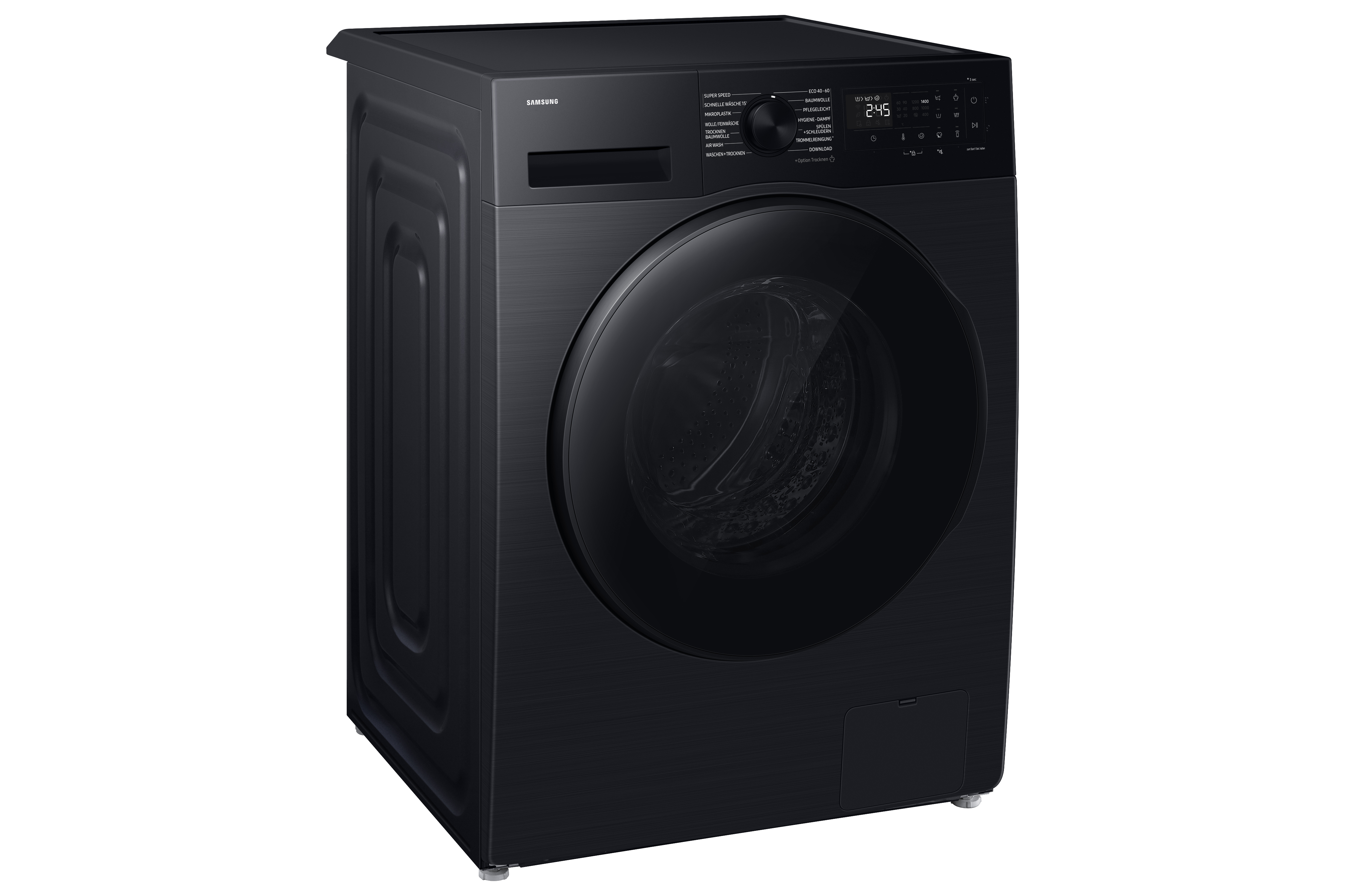 Schwarze Samsung Waschmaschine mit Frontlader und digitalem Display.