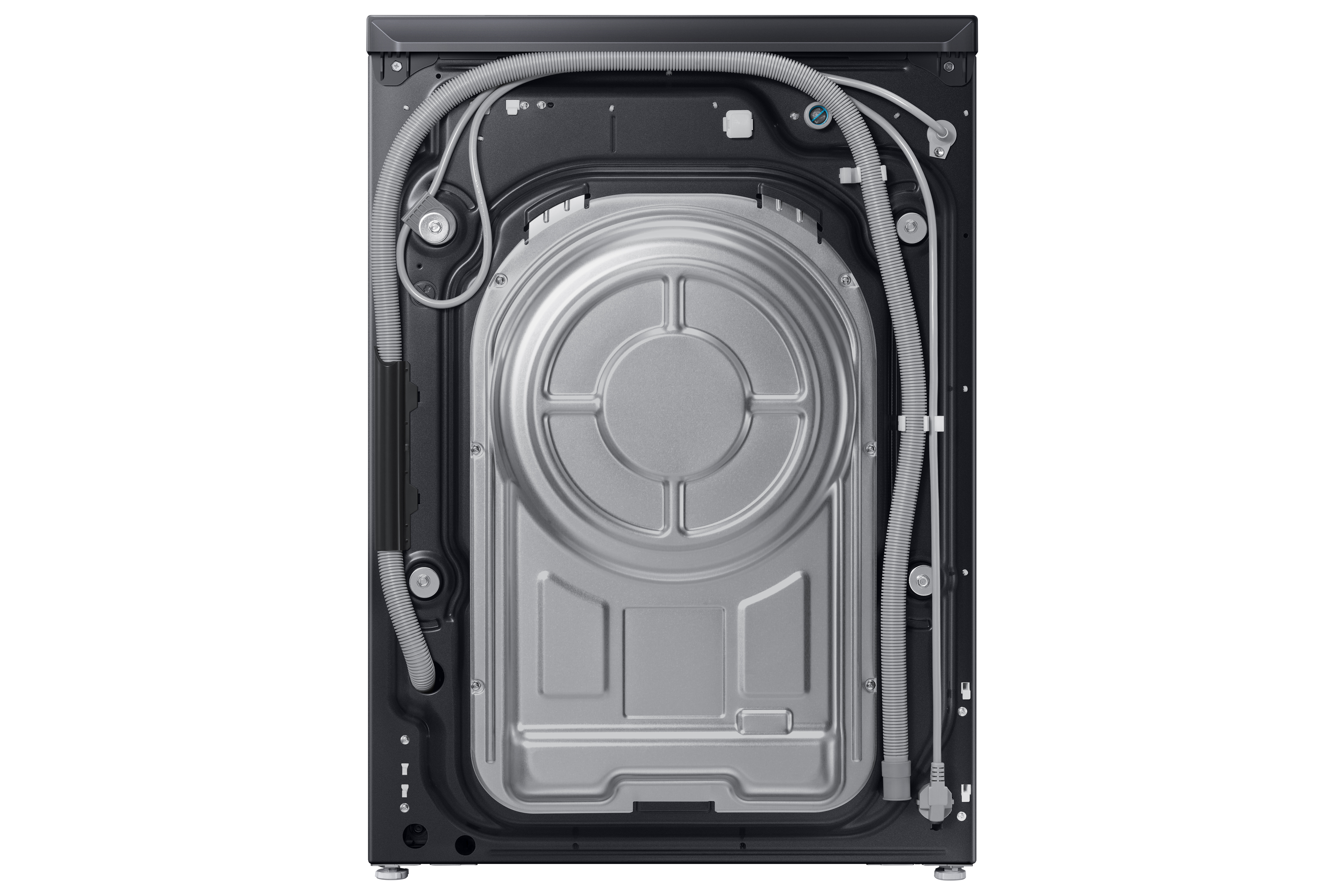 Rückseite einer Waschmaschine mit Schläuchen und Metallabdeckung.