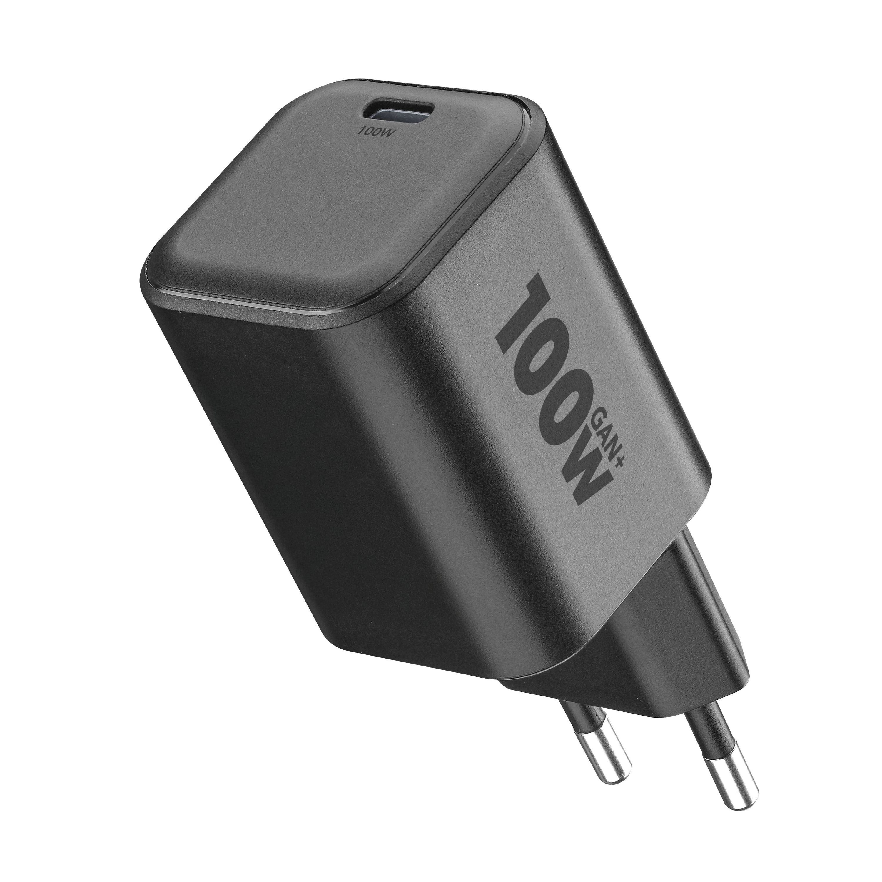 Beyaz arka plan üzerinde iki pinli siyah 100W GAN+ güç adaptörü.