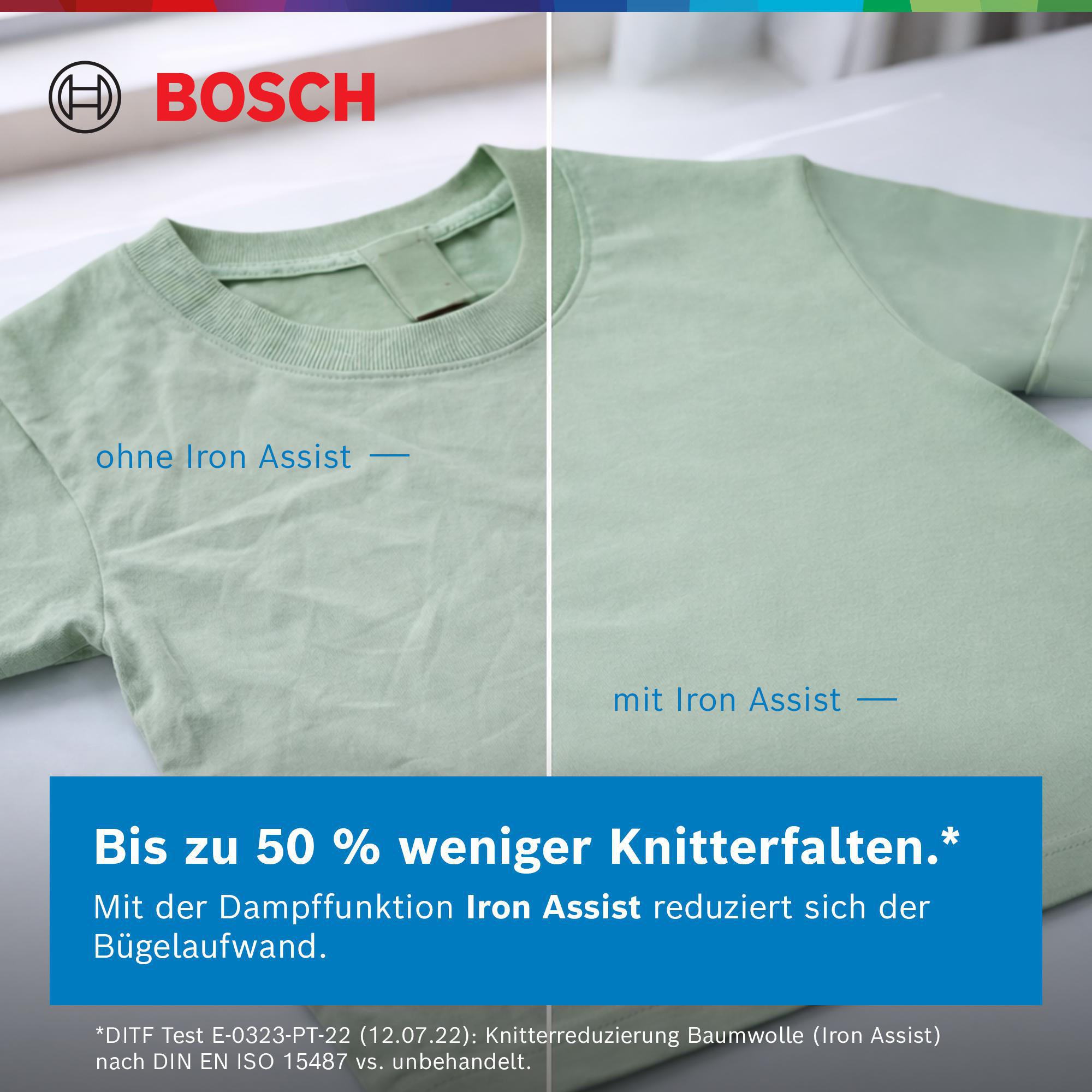 Vergleich von zwei grünen T-Shirts: eins zerknittert, eins glatt durch Iron Assist.