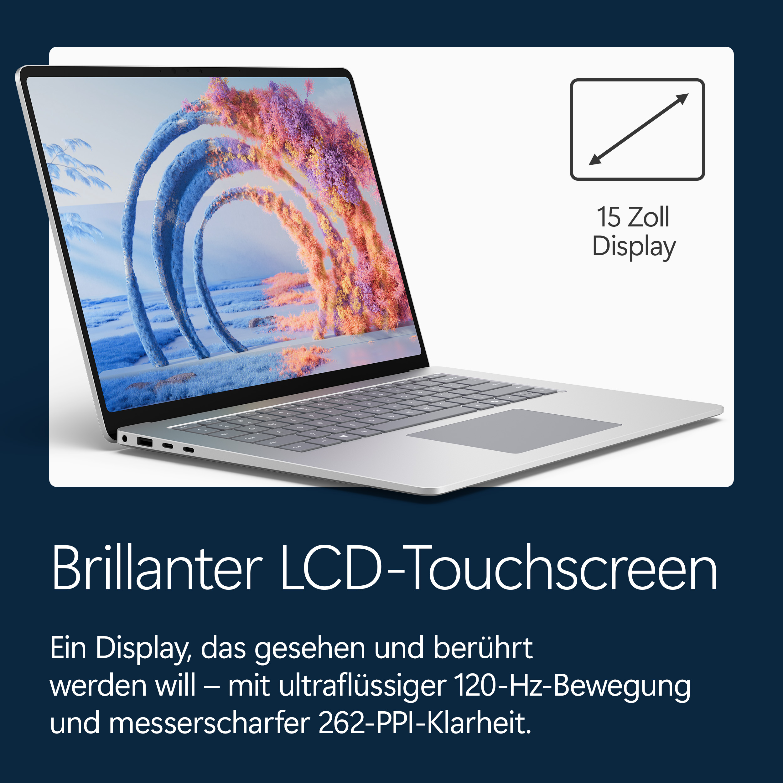Ein silberner Laptop mit einem 15-Zoll-Touchscreen, der ein abstraktes Bild zeigt.