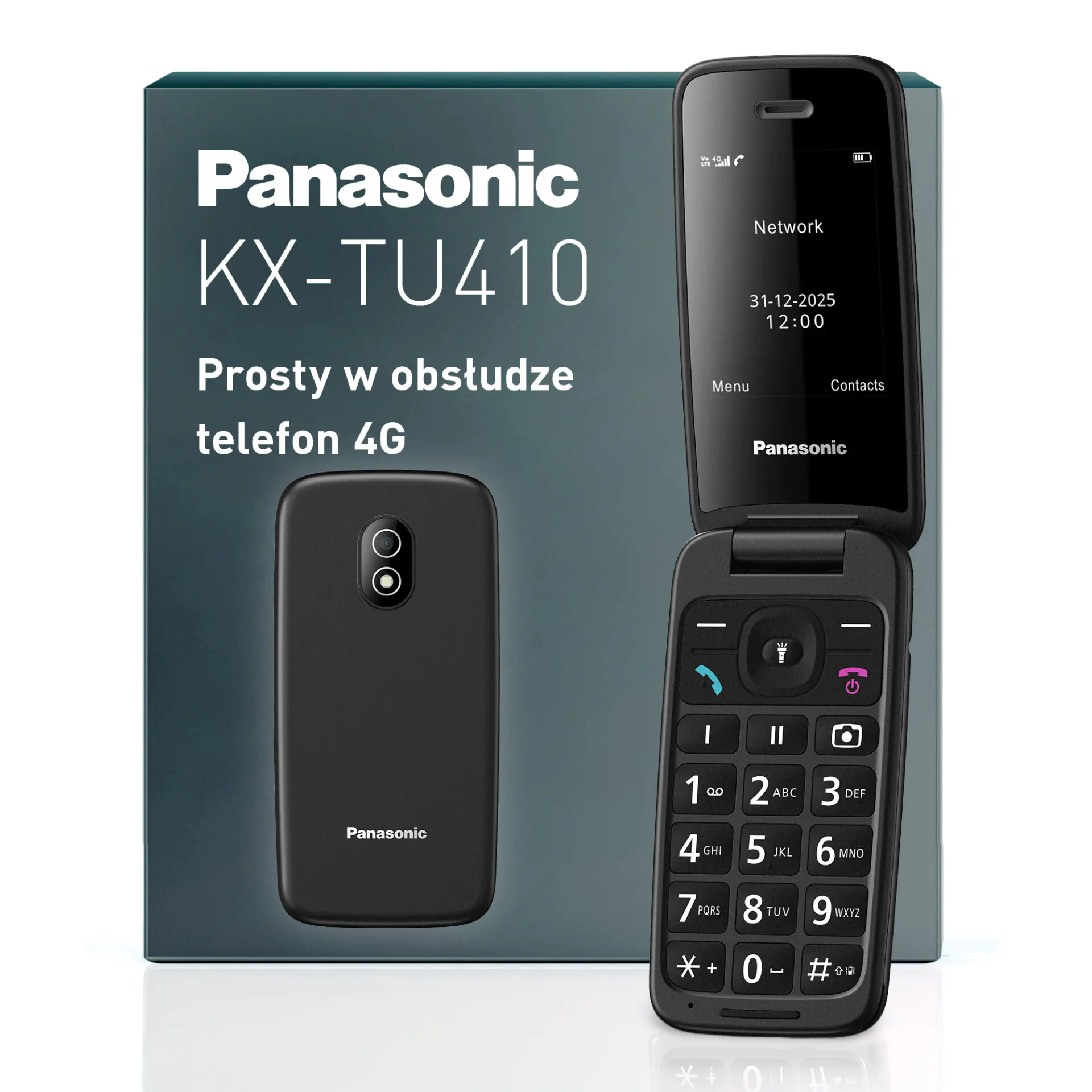Wyświetlany jest czarny telefon z klapką Panasonic KX-TU410 z klawiaturą i ekranem.