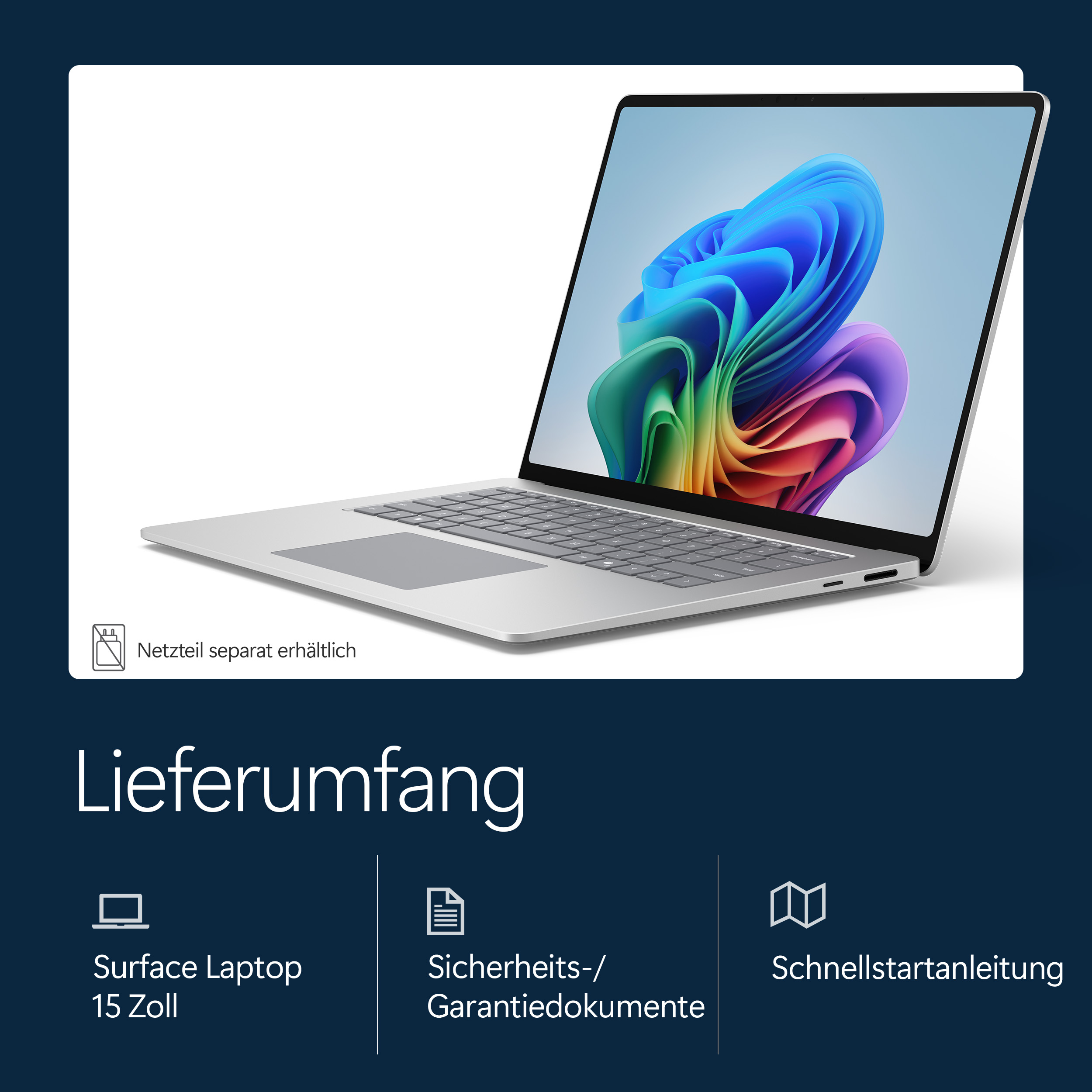 Silberner Laptop mit buntem abstrakten Hintergrundbild. Enthält Symbole für Laptop, Dokumente und Anleitung.