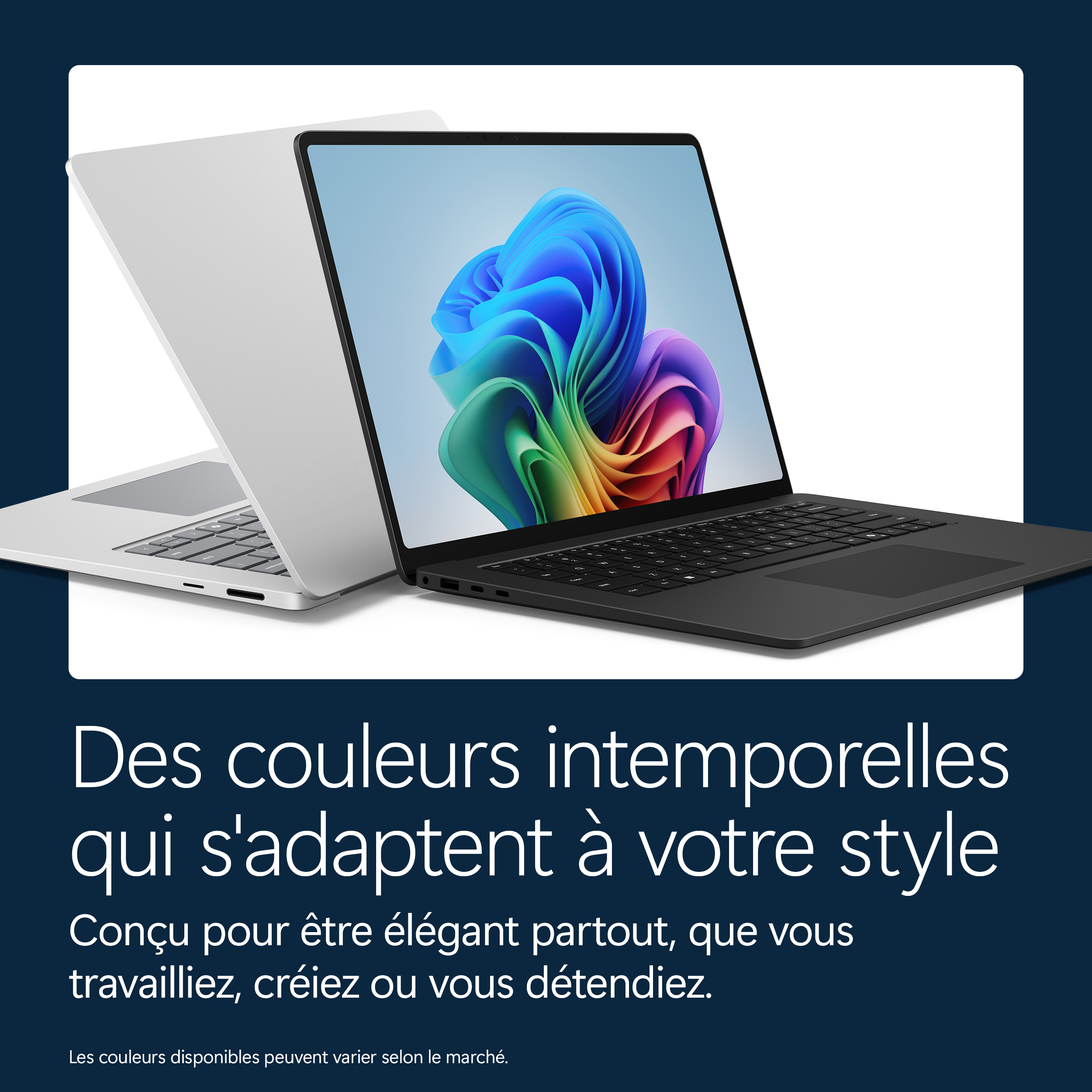 Deux ordinateurs portables, un noir, un blanc, avec écran coloré.