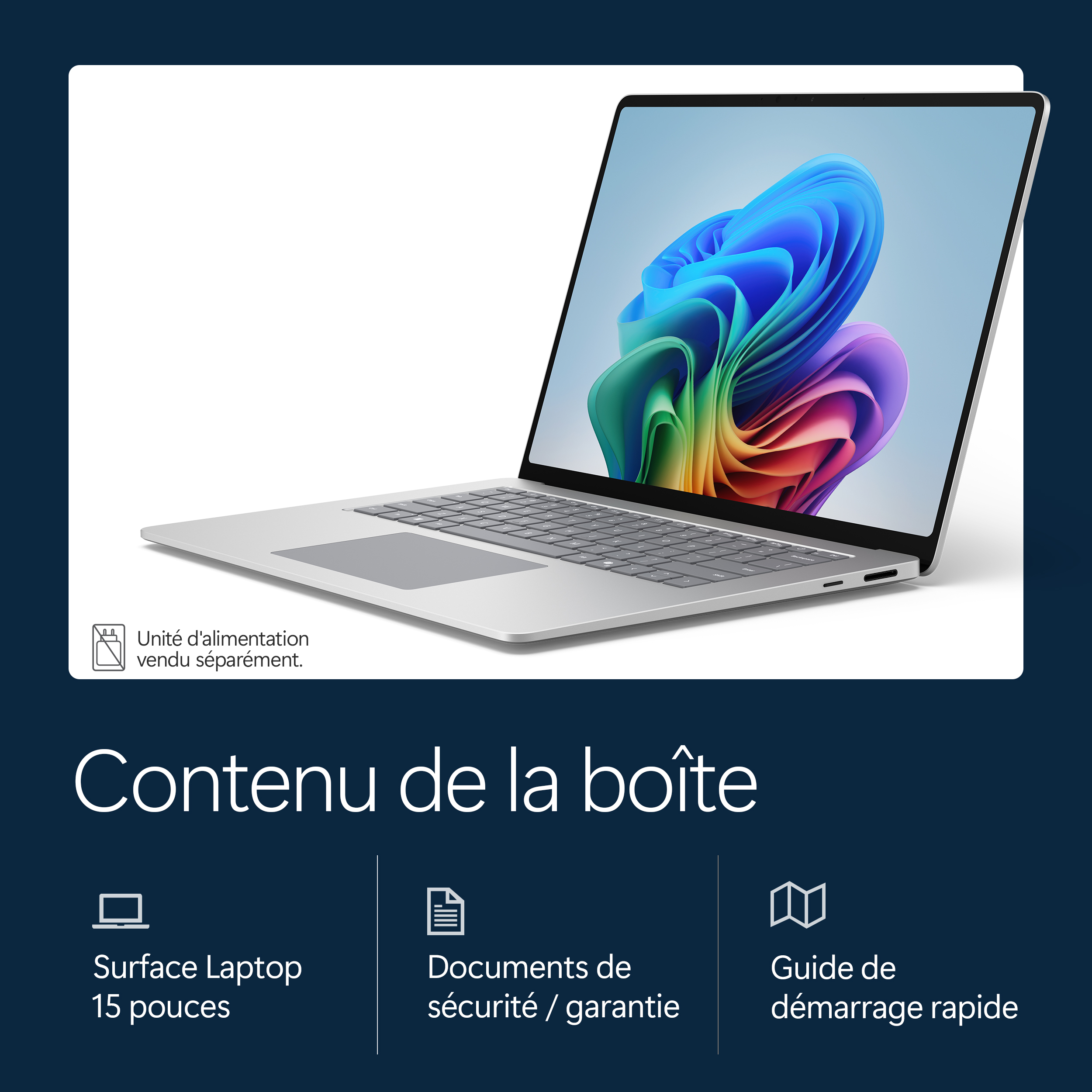 Un ordinateur portable argenté avec un écran coloré. Adaptateur secteur vendu séparément.