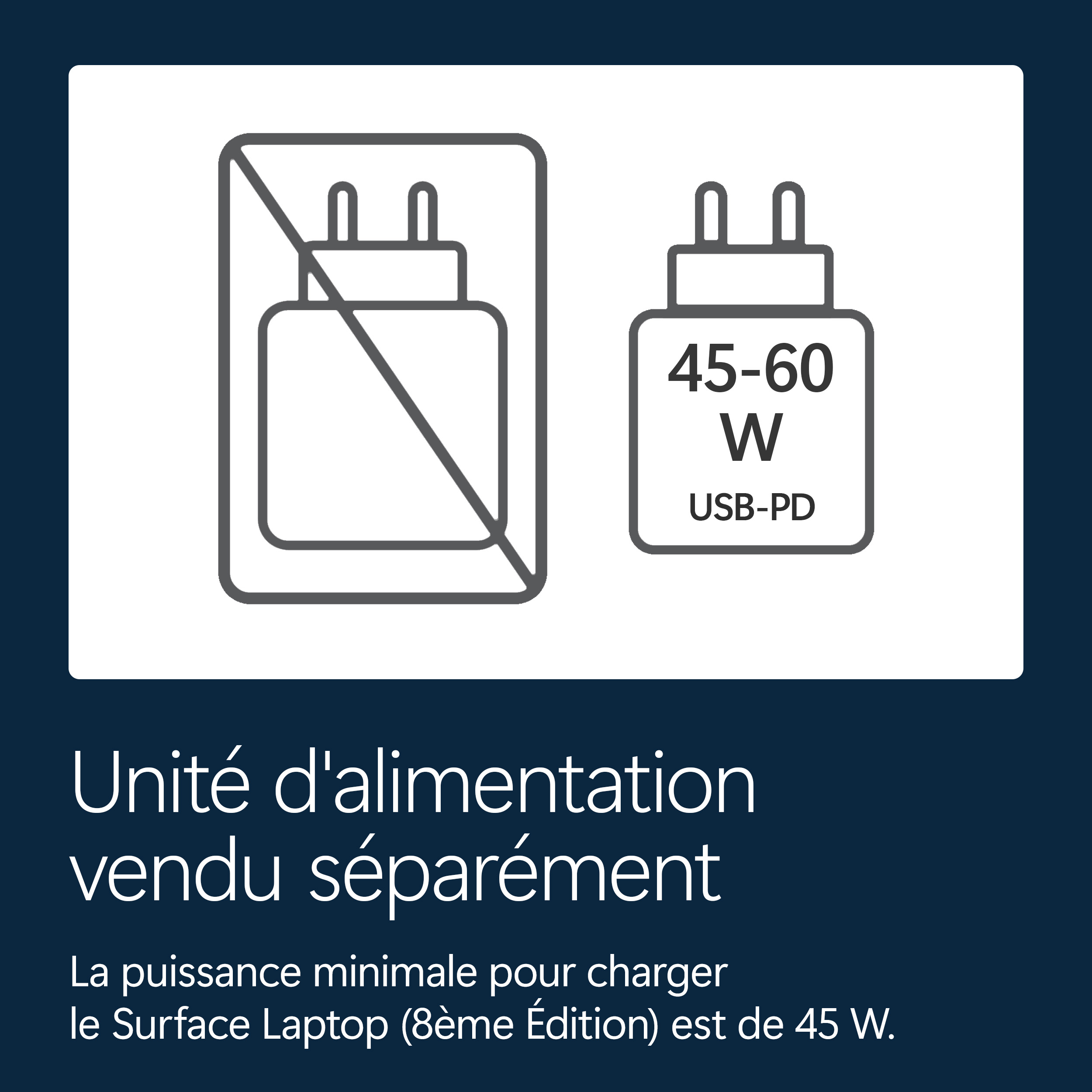 Icône d'un adaptateur secteur vendu séparément. Étiquette : 45-60 W USB-PD.