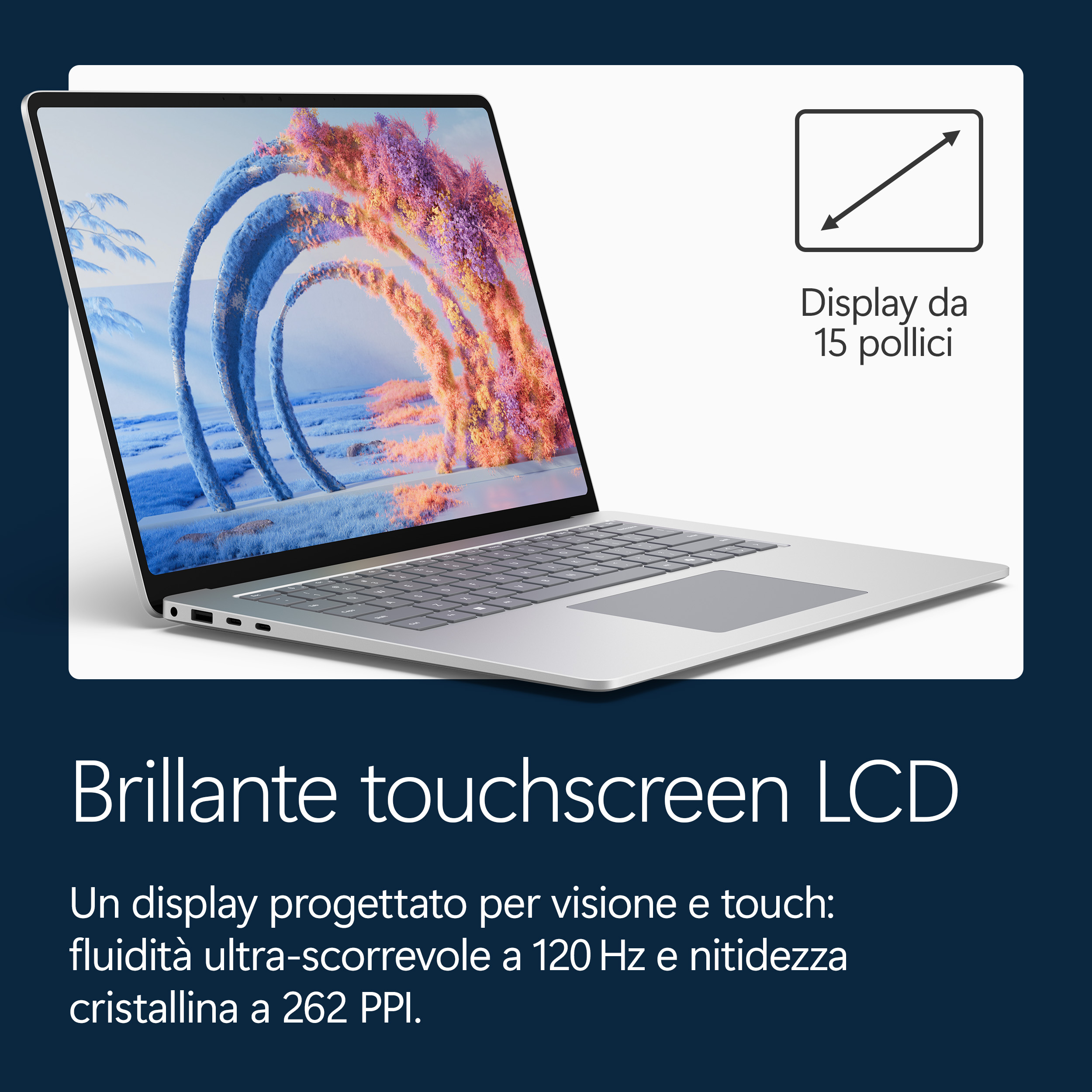 Un laptop argentato mostra un screensaver astratto colorato con testo.