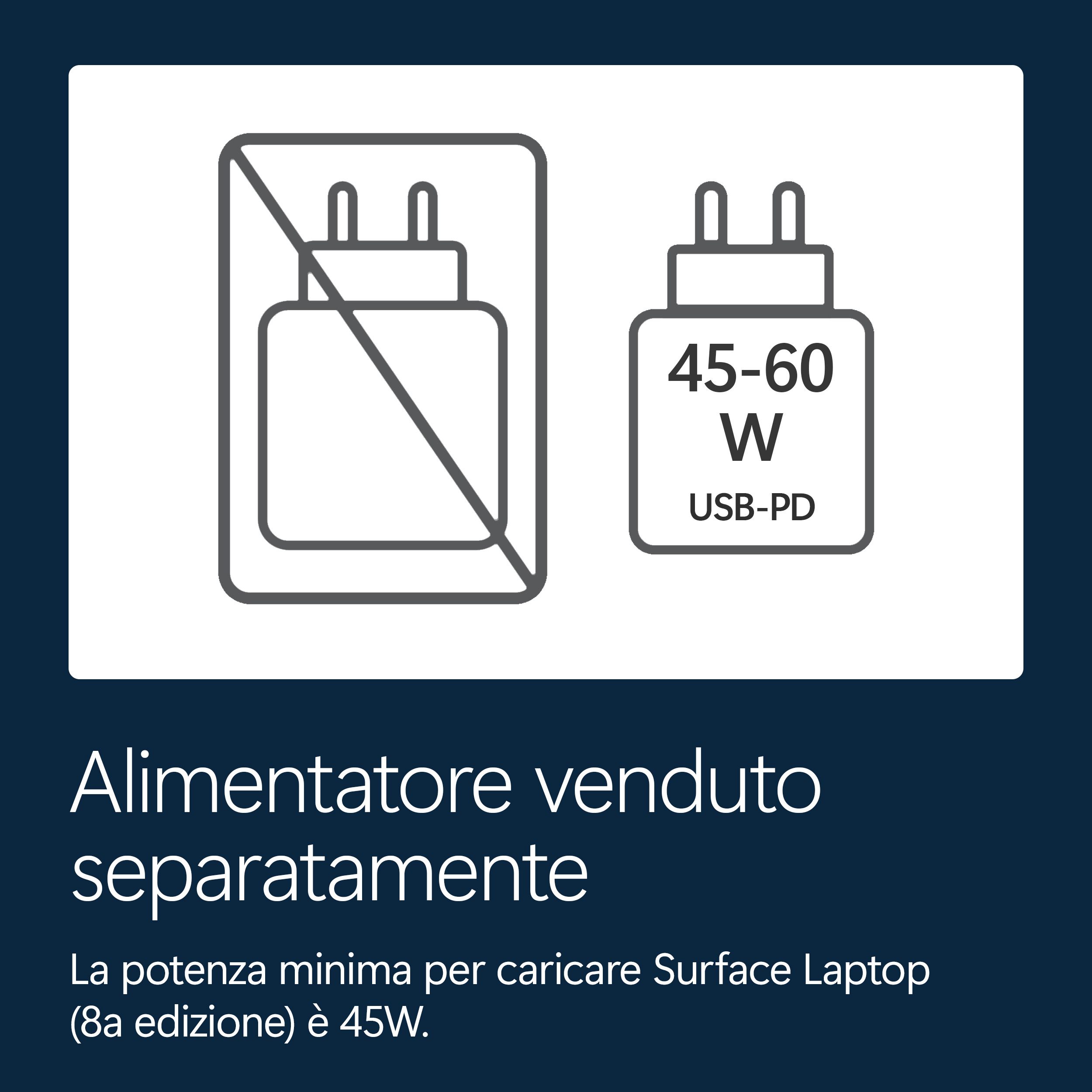 Icona: Alimentatore venduto separatamente. Adattatore USB-PD 45-60W.