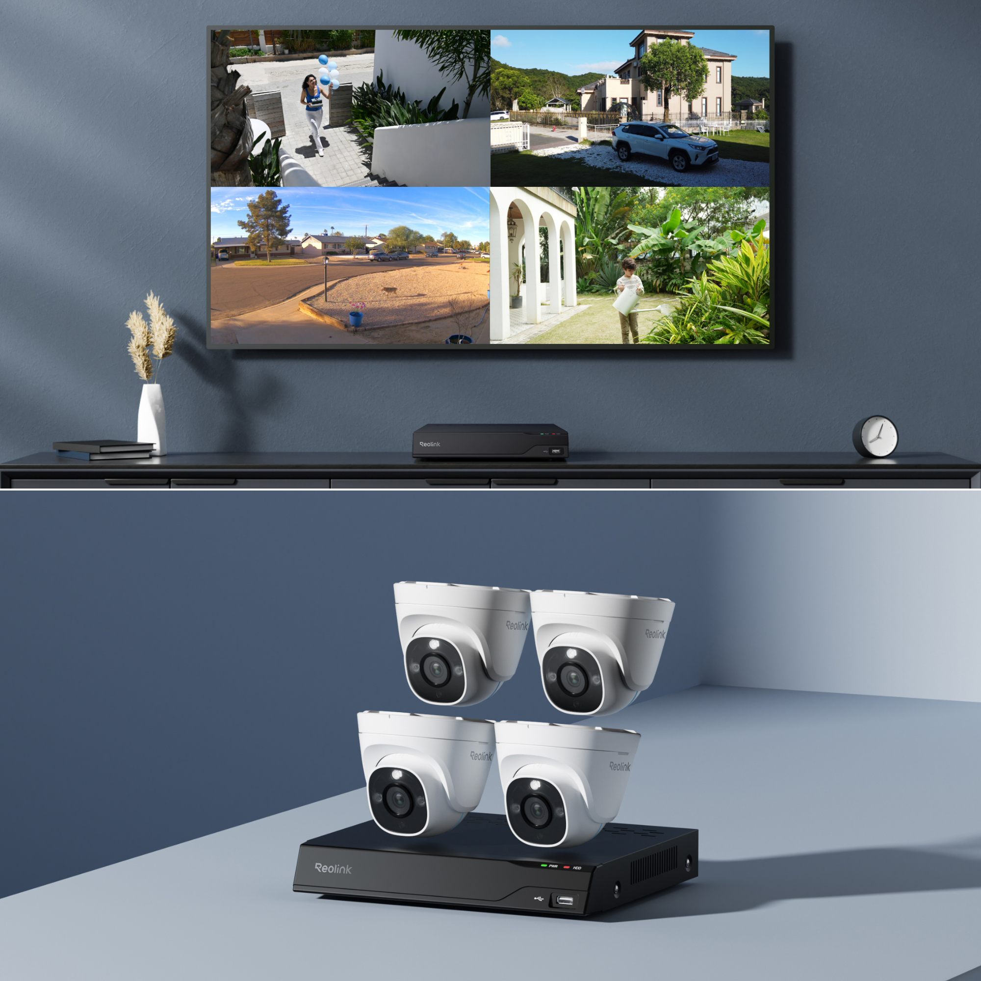 Überwachungskamera-System mit NVR und vier Kameras auf einem Tisch.