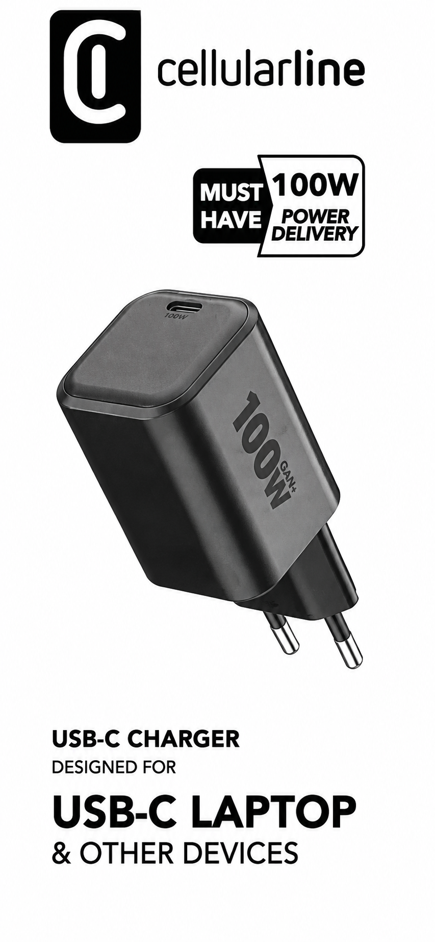 100W Siyah USB-C şarj cihazı, Power Delivery özellikli, laptop ve cihazlar için.