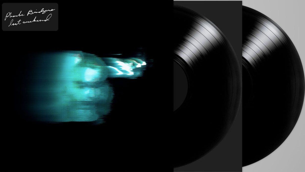 Albumcover mit „Phoebe Bridgers“ und „Punisher“. Zwei schwarze Vinyl-Schallplatten.