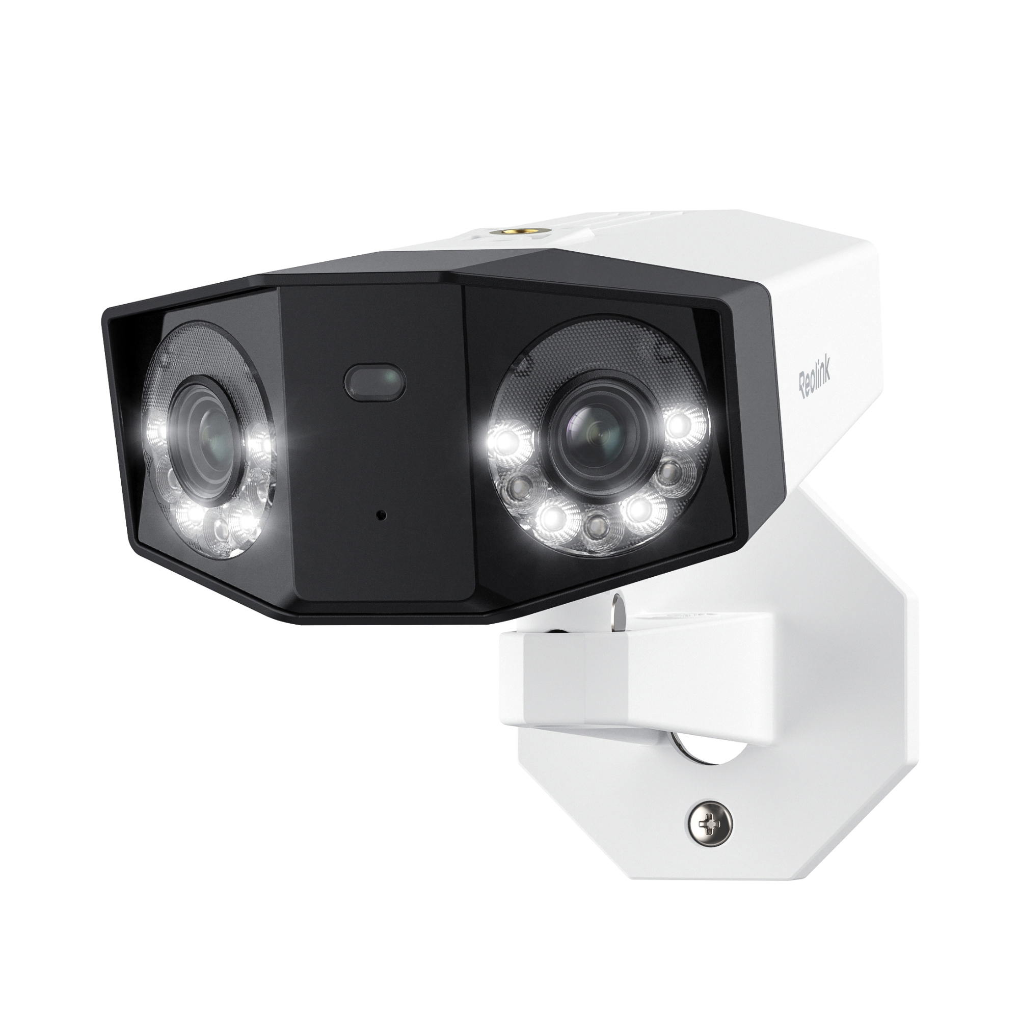 Eine weiße und schwarze Überwachungskamera mit zwei Objektiven und LEDs auf weißem Hintergrund.