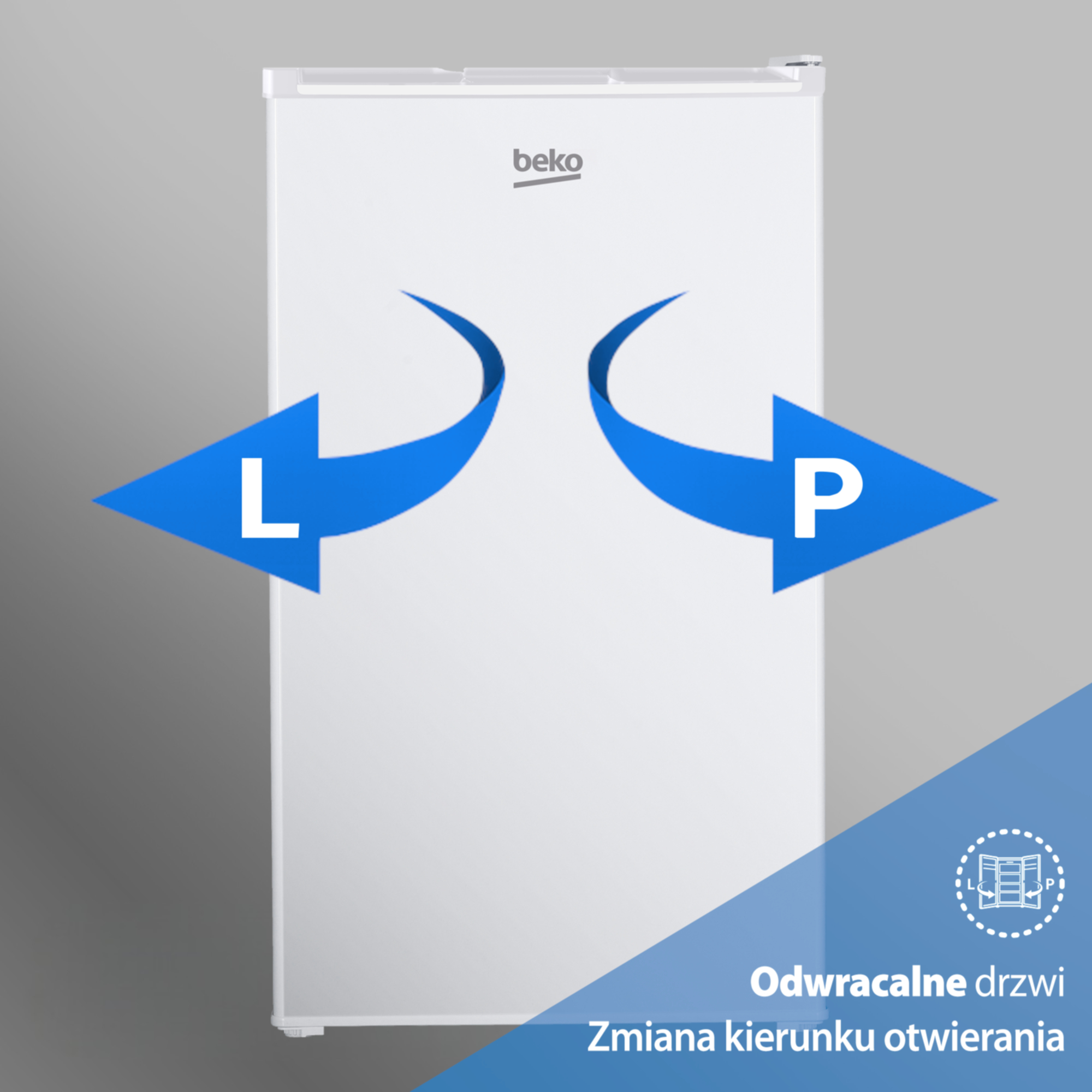 Biała lodówka z logo Beko. Strzałki wskazują lewo (L) i prawo (P).