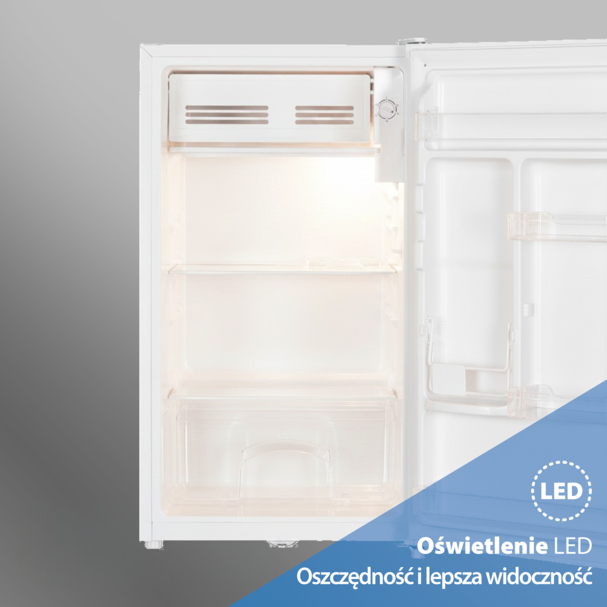 Białe wnętrze lodówki z oświetleniem LED i pokrętłem temperatury.