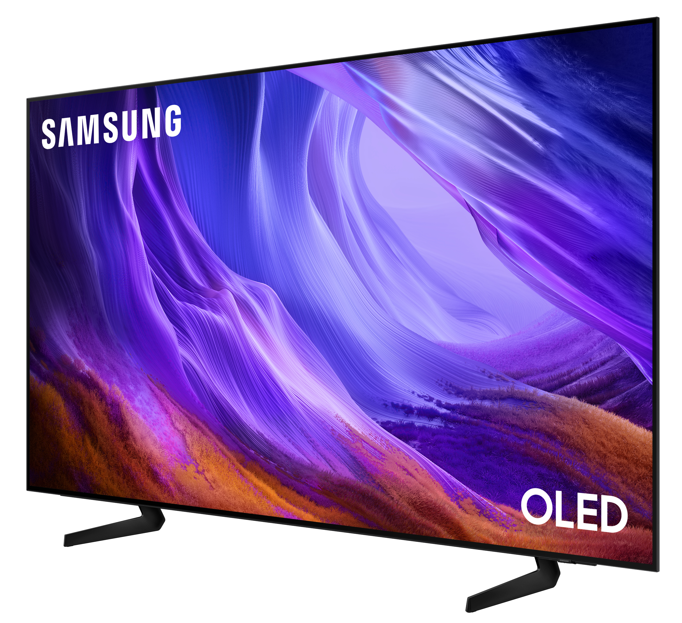 Telewizor Samsung OLED wyświetla abstrakcyjny fioletowy wzór na ekranie.