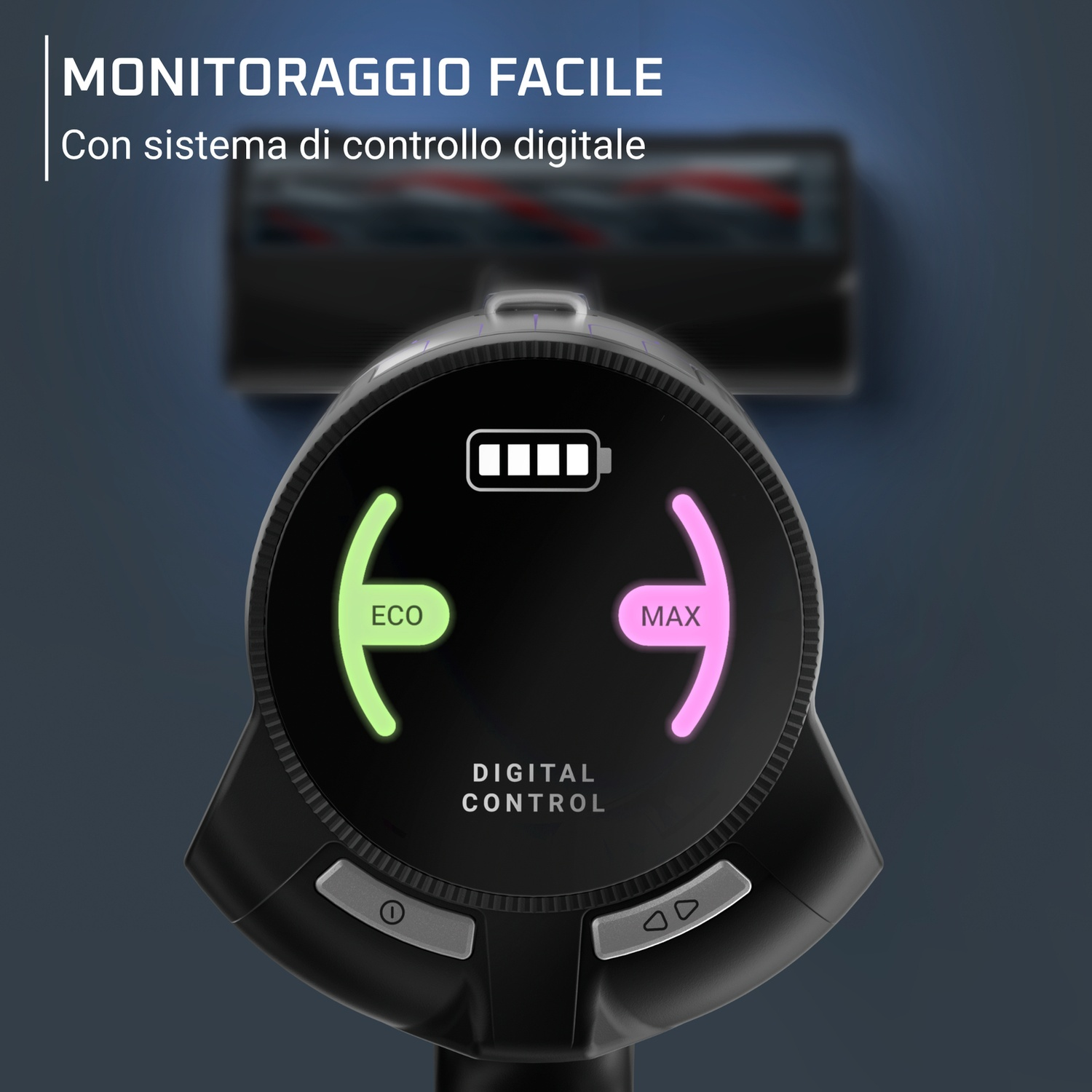 Primo piano dell'impugnatura digitale di un aspirapolvere con batteria e impostazioni ECO/MAX.