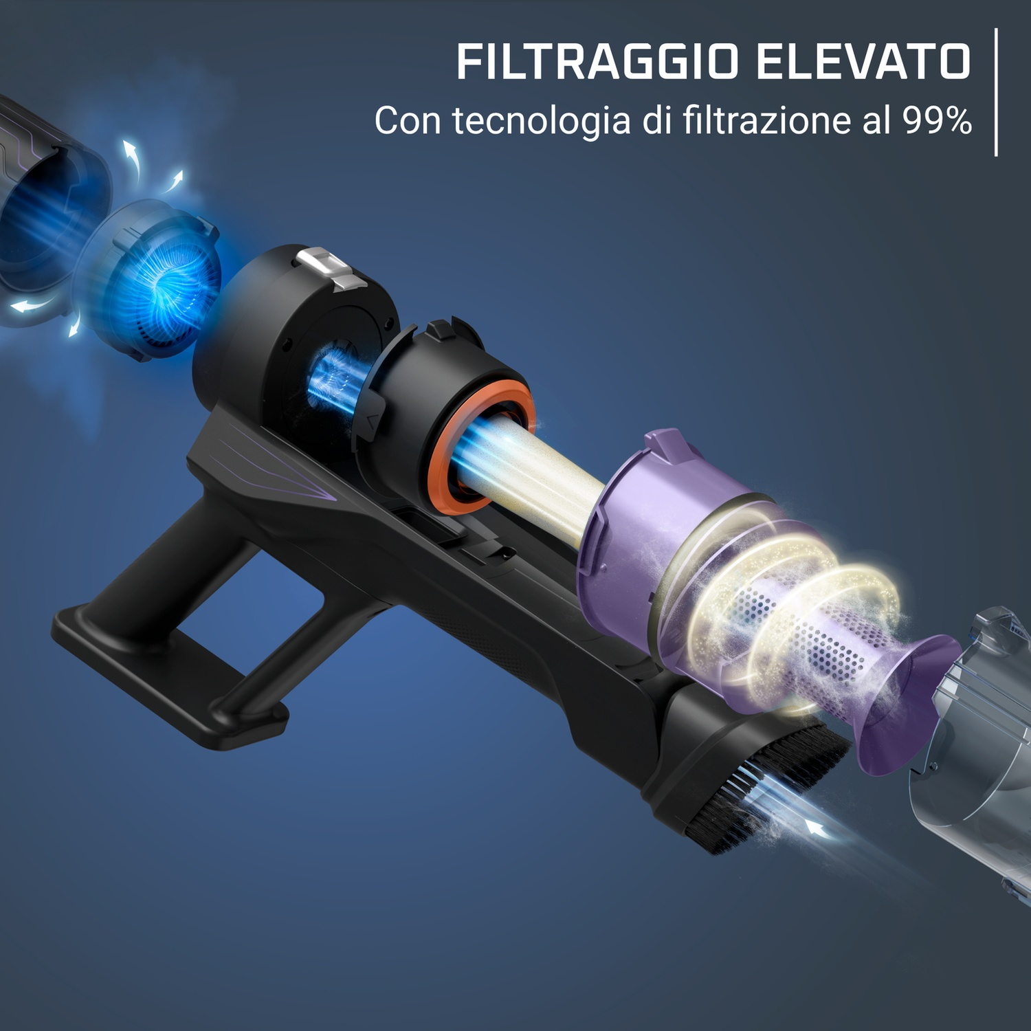 Vista esplosa di un filtro per aspirapolvere con spirale di aspirazione aria blu.