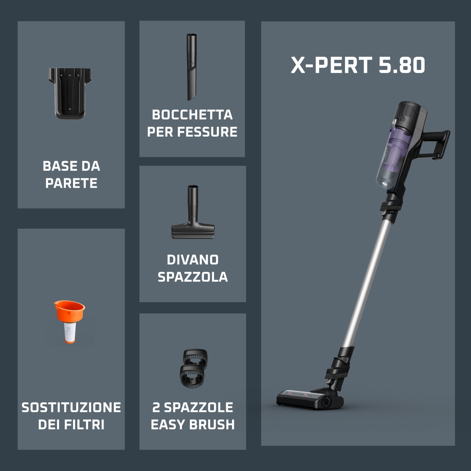 Aspirapolvere X-PERT 5.80 con supporto muro, bocchetta fessure, spazzola divano, ricambio filtri e spazzole.