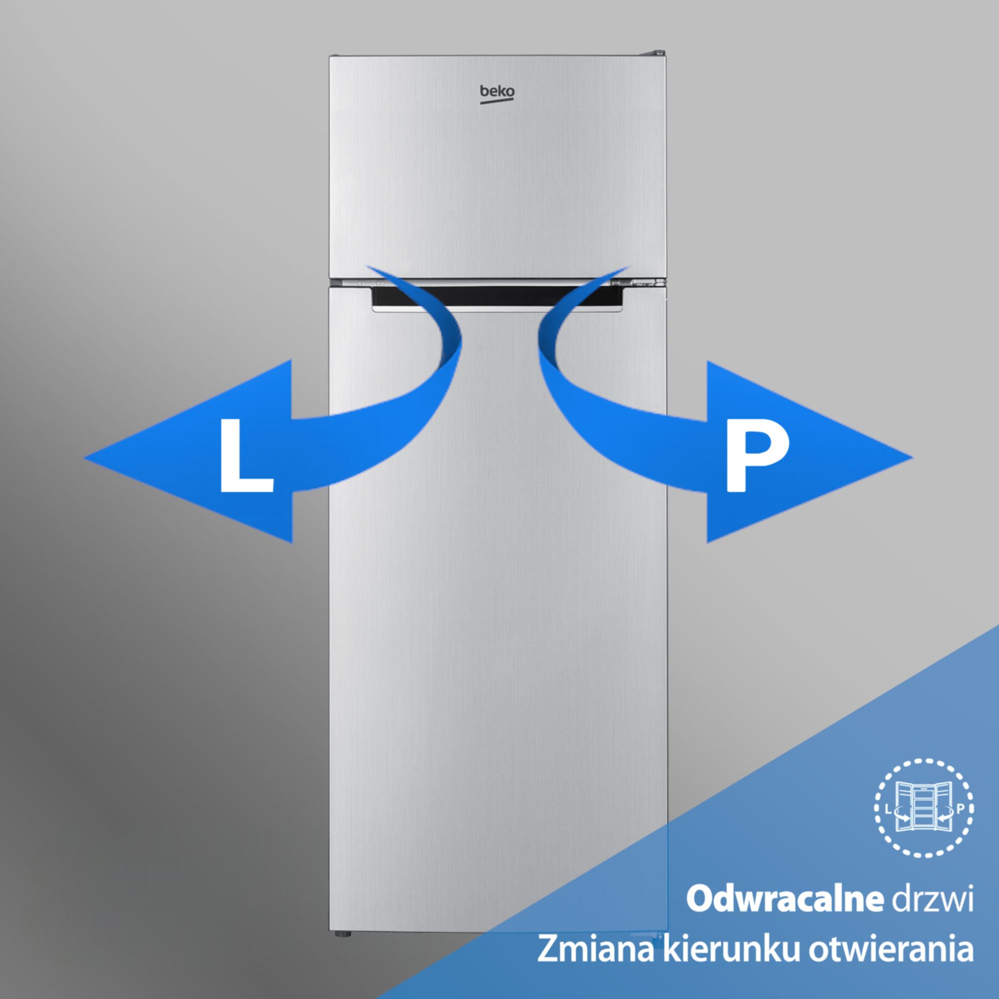 Srebrna lodówka ze strzałkami wskazującymi L i P.