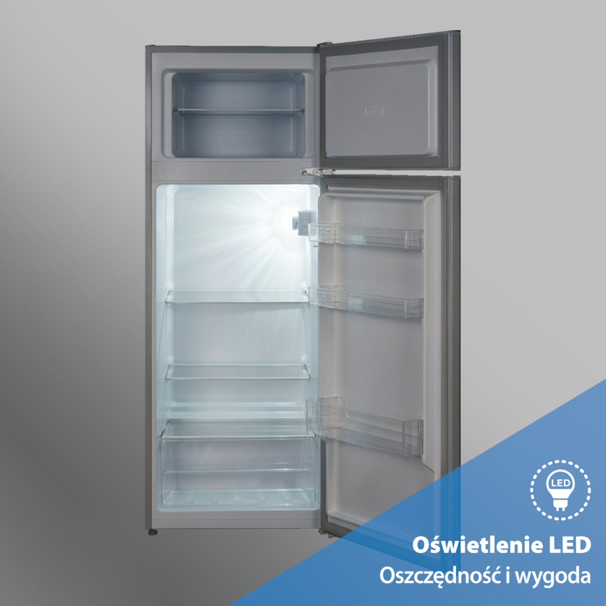 Srebrna lodówka z otwartymi drzwiami i oświetleniem LED.