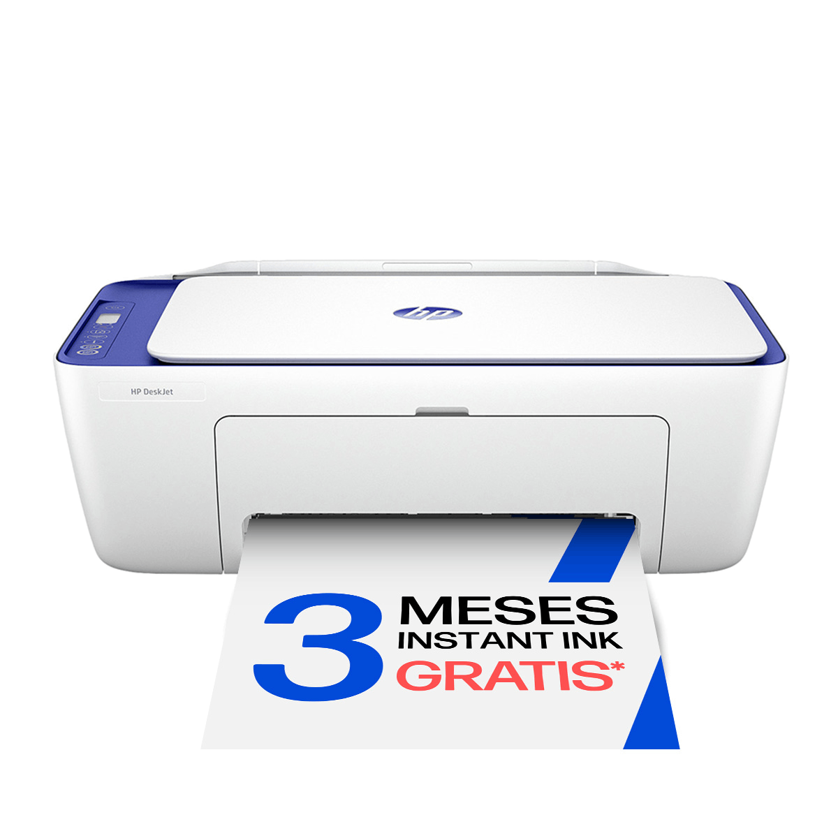 Una impresora HP DeskJet blanca con tapa azul imprime un papel que dice 3 MESES INSTANT INK GRATIS.