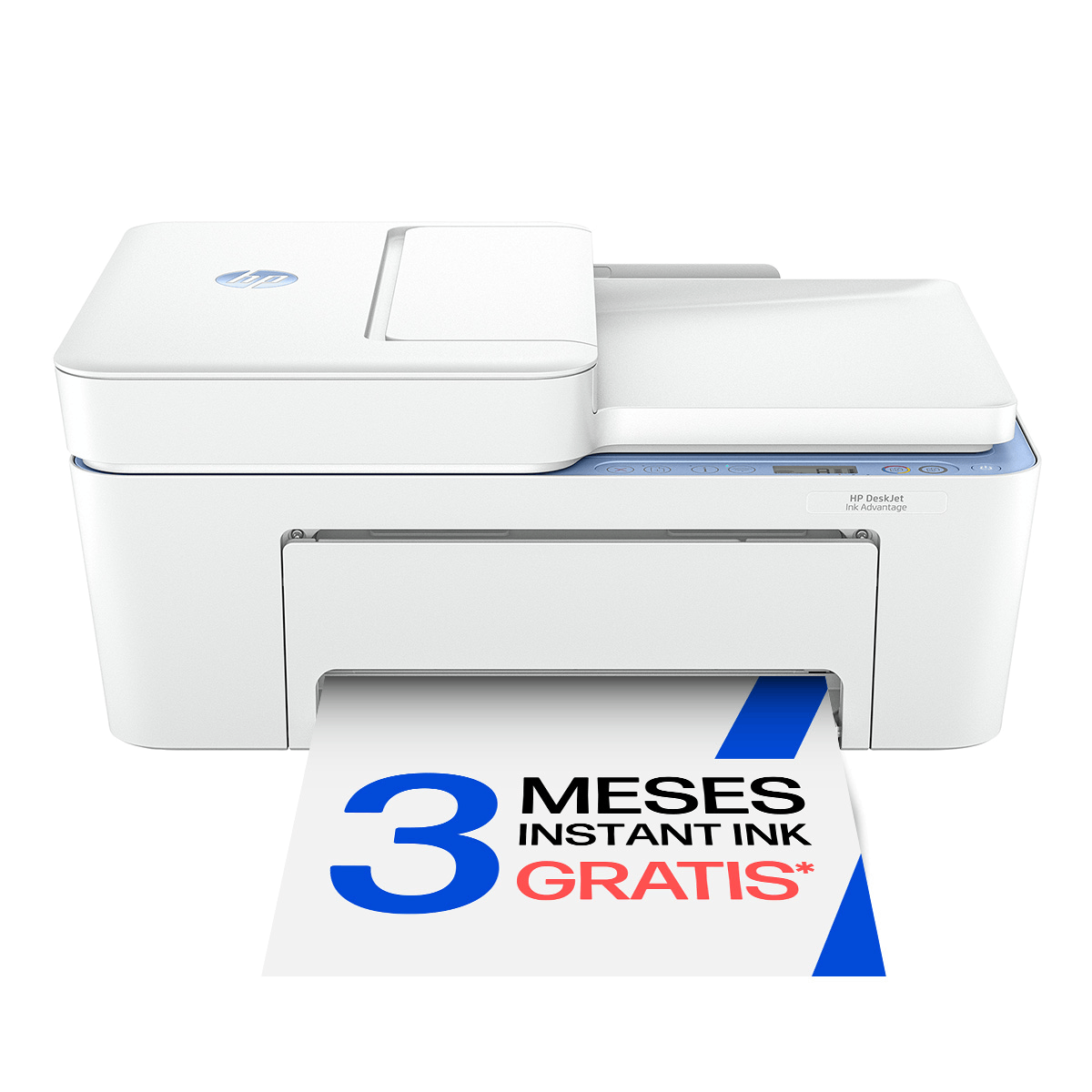 Una impresora HP blanca imprime una hoja con el texto "3 MESES INSTANT INK GRATIS".