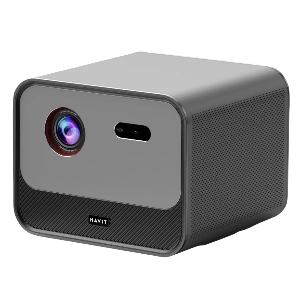 Ön tarafında lens ve sensör bulunan kompakt, gri bir projektör.